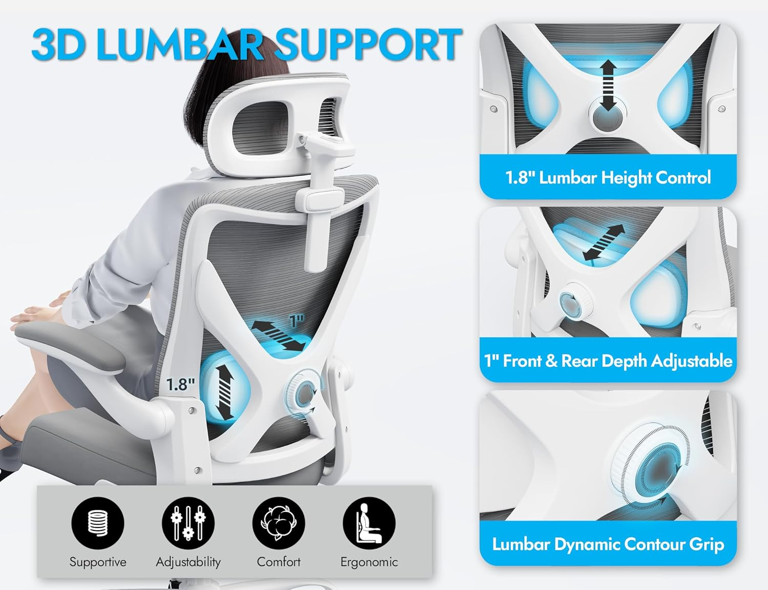 Ergonomic Office Chair - Office Chair Mesh High Back Gaming Chair with Adjustable Lumbar Support & Headrest Home Desk Chairs - Computer Desk Chairs Comfy Comfortable for Long Hours (Grey) - Grey image number 2