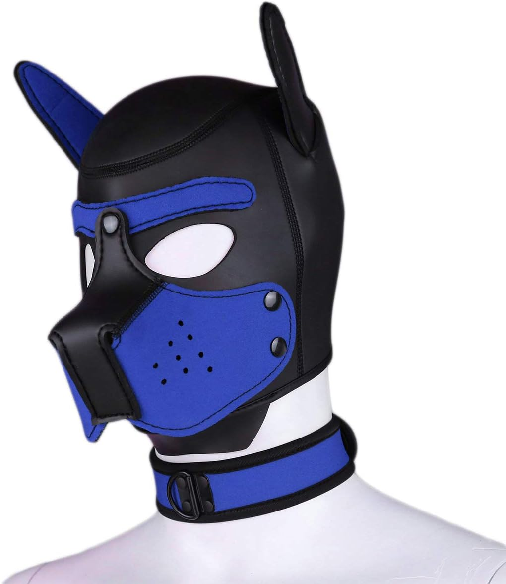 Adults Neoprene Puppy Hood Mask with Collar, Removable Cosplay Dog Full Face Pup Hood Mask