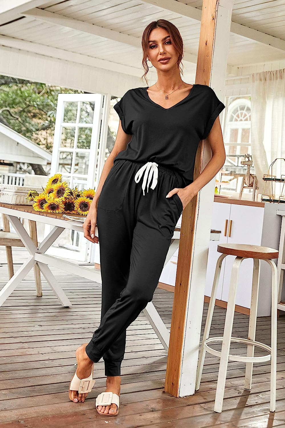PRETTYGARDEN Women'S Two Piece Tracksuit V Neck Short Sleeve Tops Long Pants with Drawstring Outfits Jogger Sets image number 2