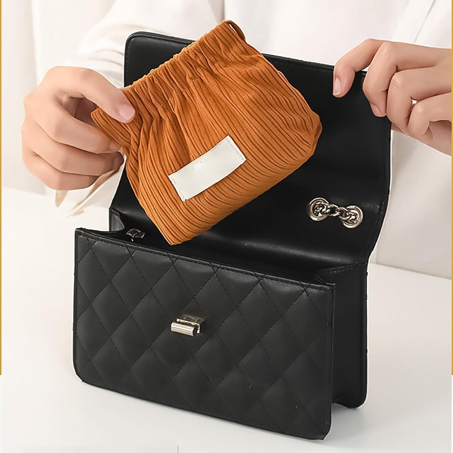 6Pcs Corduroy Elastic Storage Bag, Self-Closing Purse Organizer Pouches, Portable No Zipper Small Makeup Bag, Pocket Travel Storage Bag for Cosmetics Hair Clips Accessories, Small image number 2