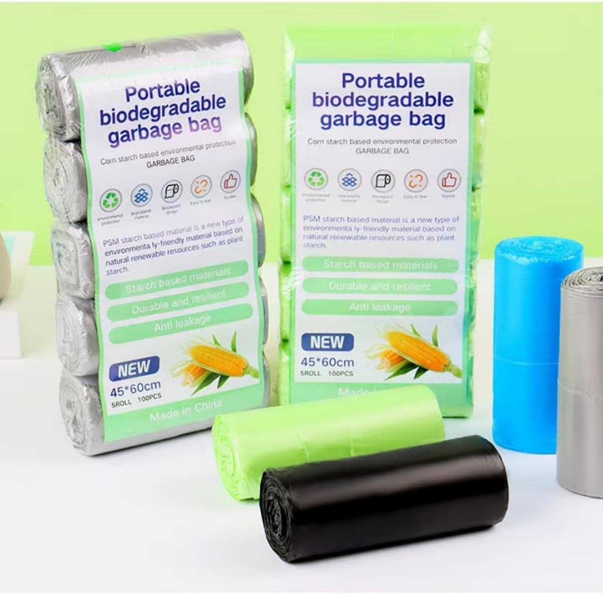 Biodegradable Trash Bags Waste Bag100Pcs, Garbage Bags 20L Kitchen Trash Bags, Small Garbage Bags, Compost Bags for Food/House/Garden (Green) - Blue image number 5