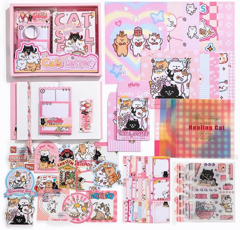 PRSTINCOL Pink Cute Cat Scrapbooking Kit,Kawaii Stationery Scrapbook Supplies Kit with Cat and Dessert Theme for Junk Journal, Bullet A6 Grid Notebook for Adult Teen Girl DIY Gift Kit for Girls image number 3