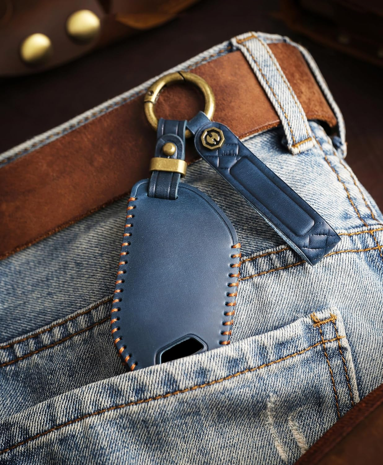 Ontto Cowhide Car Key Cover Fit for Kia Telluride 2023 2024 Sorento EV9 2024 2025 Keyless Go Key Holder Handmade Leather Case Keyring Keychain Smart Shell Accessories Protector 7 Buttons Blue image number 6