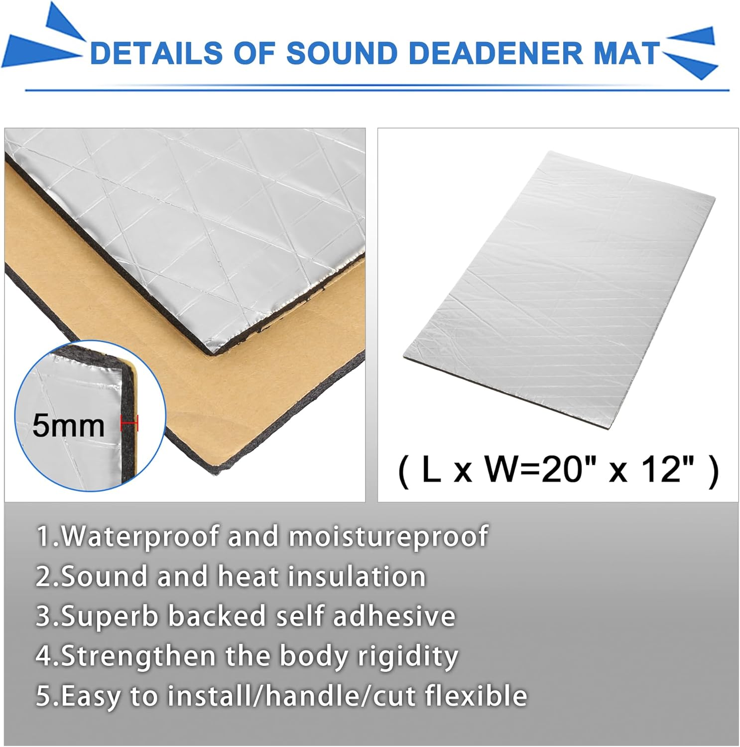 Uxcell 9Pcs 5Mm 197Mil 14.49Sqft Car Sound Deadener Insulation Mat Alumina Fiber Door Audio Noise Insulation 20''X12'' image number 4