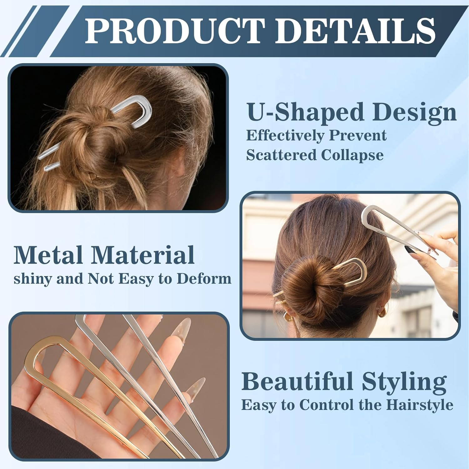 Pack of 4 U-Shaped Hair Pins, French Hair Pins, French Hair Clip, Metal Clip, Delicate Hair Accessories, Hairstyle Accessories, Bun Pins for Hair, Gold and Silver Hair Clips for Women and Girls