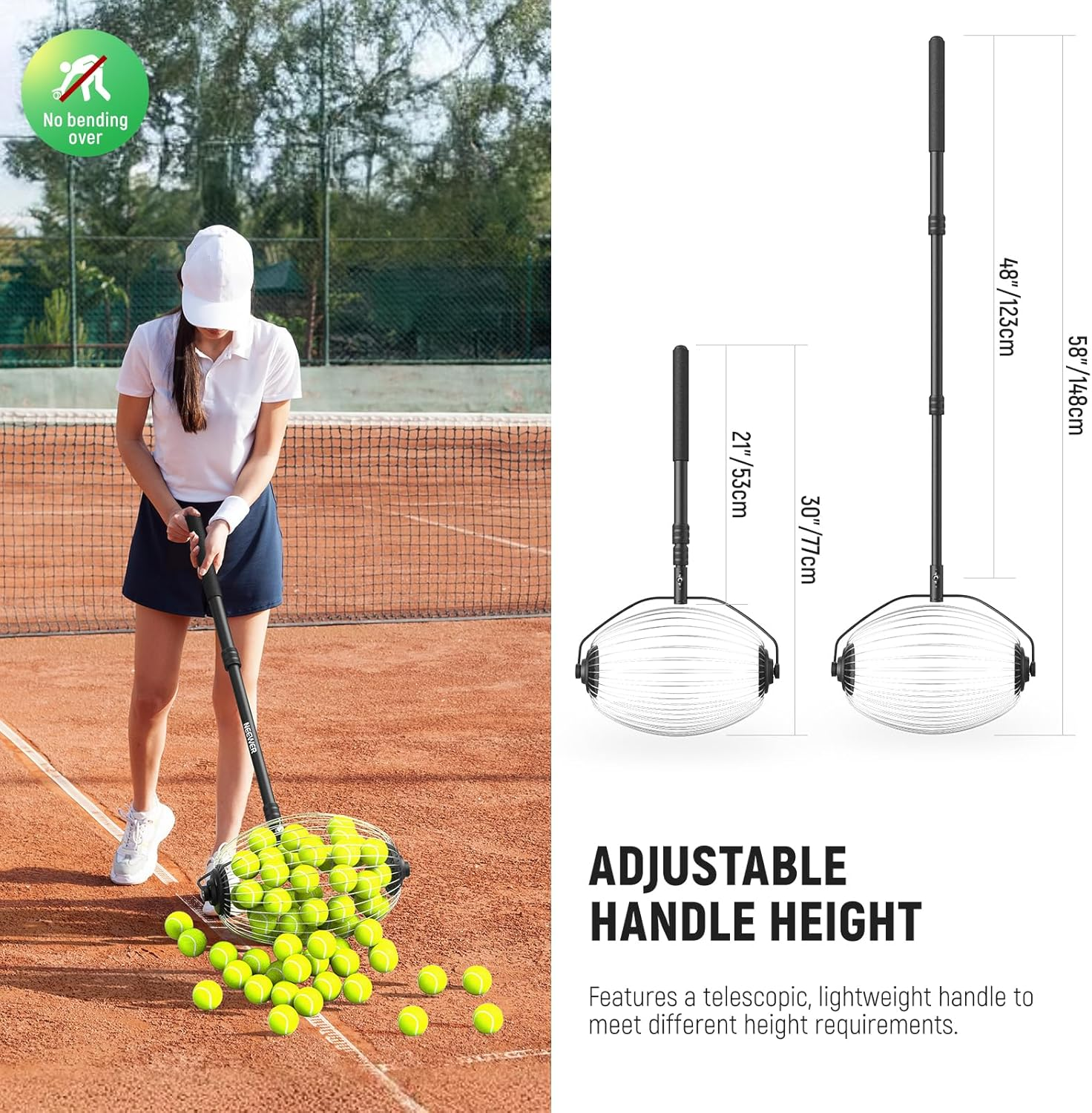 NEEWER Tennis Ball Pickleball Collector Roller, No Bending over Quick Rolling Picker for 1.5"-3" Tennis/Golf/Pickleballs, 30-58"/77-148Cm Telescopic Ball Retriever for up to 40 Tennis Balls, TB01S image number 4