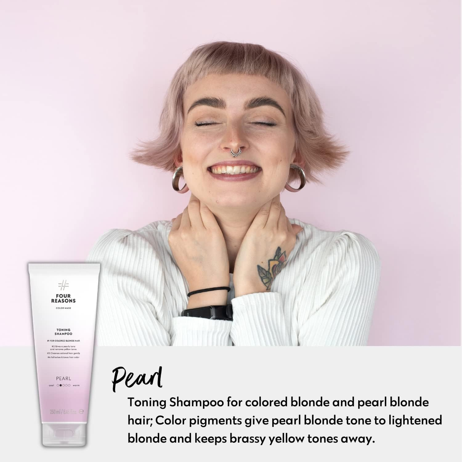 FOUR REASONS Colour Mask Shampoo - Sulphate Free Tint Purple Shampoo for Blonde Hair - Colour Depositing Pearl Blonde Shampoo, Vegan, 8.5 Oz (Pearl Blonde) - Bronze image number 3