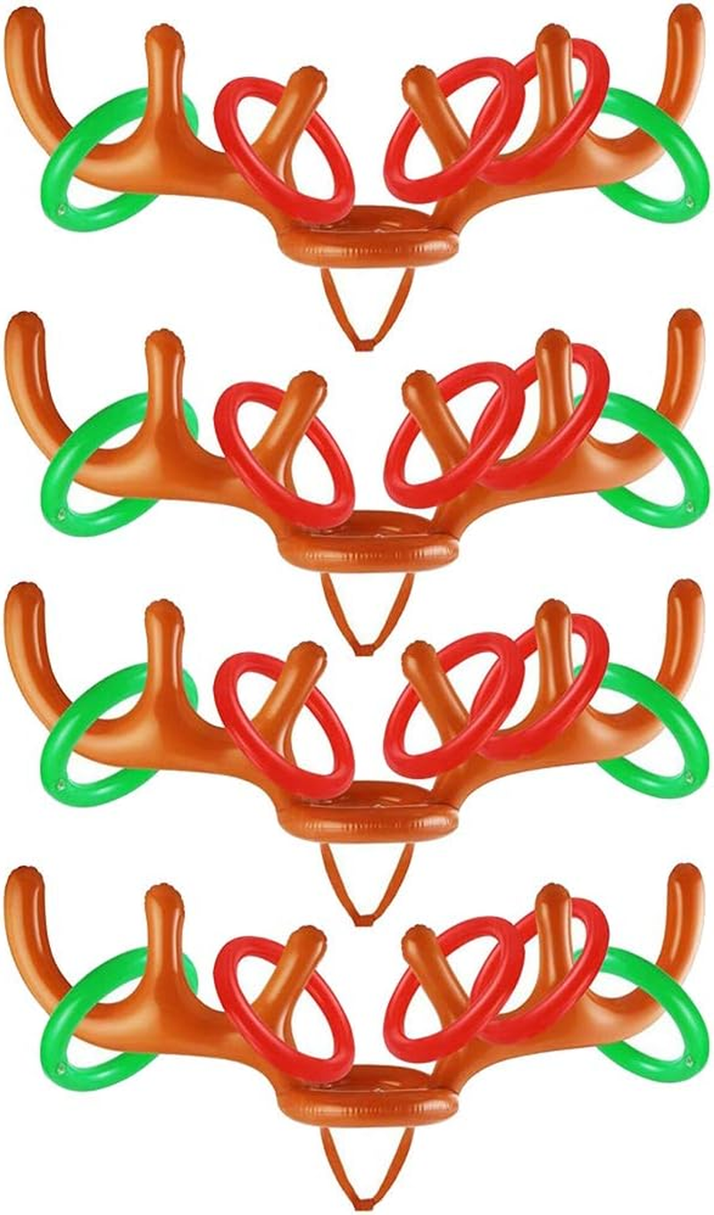 4 Pack Inflatable Reindeer Antlers Ring Hook Game, Christmas Party Antler Hat Games for Kids Adults Family Indoor Outdoor Carnival Xmas Games (4 Antlers 16 Rings)
