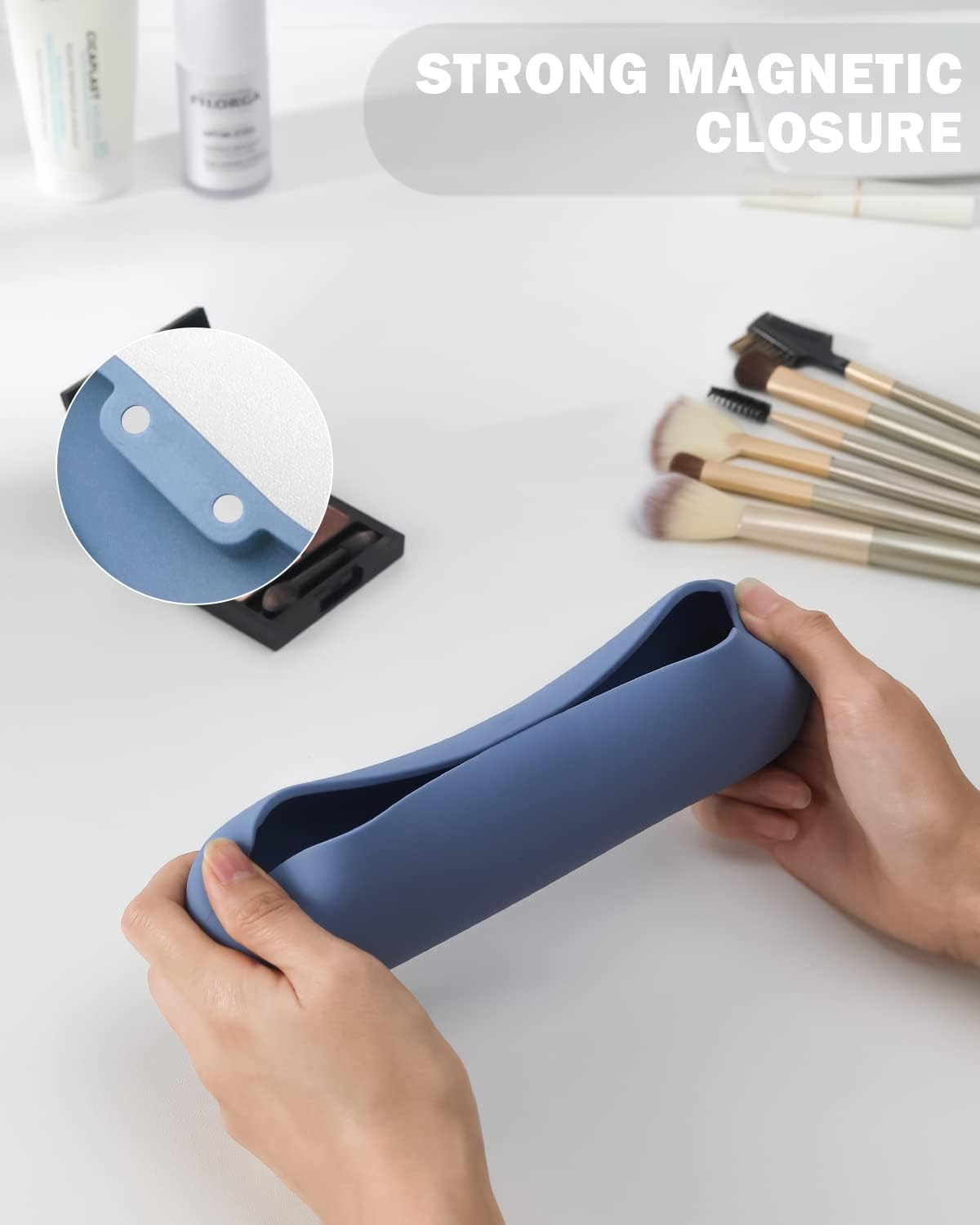 BEZOX Travel Makeup Brush Holder with Strong Magnetic Buckle, Silicone Make up Brush Pouch Case, Cosmetic Brush Mini Bag - Blue image number 2