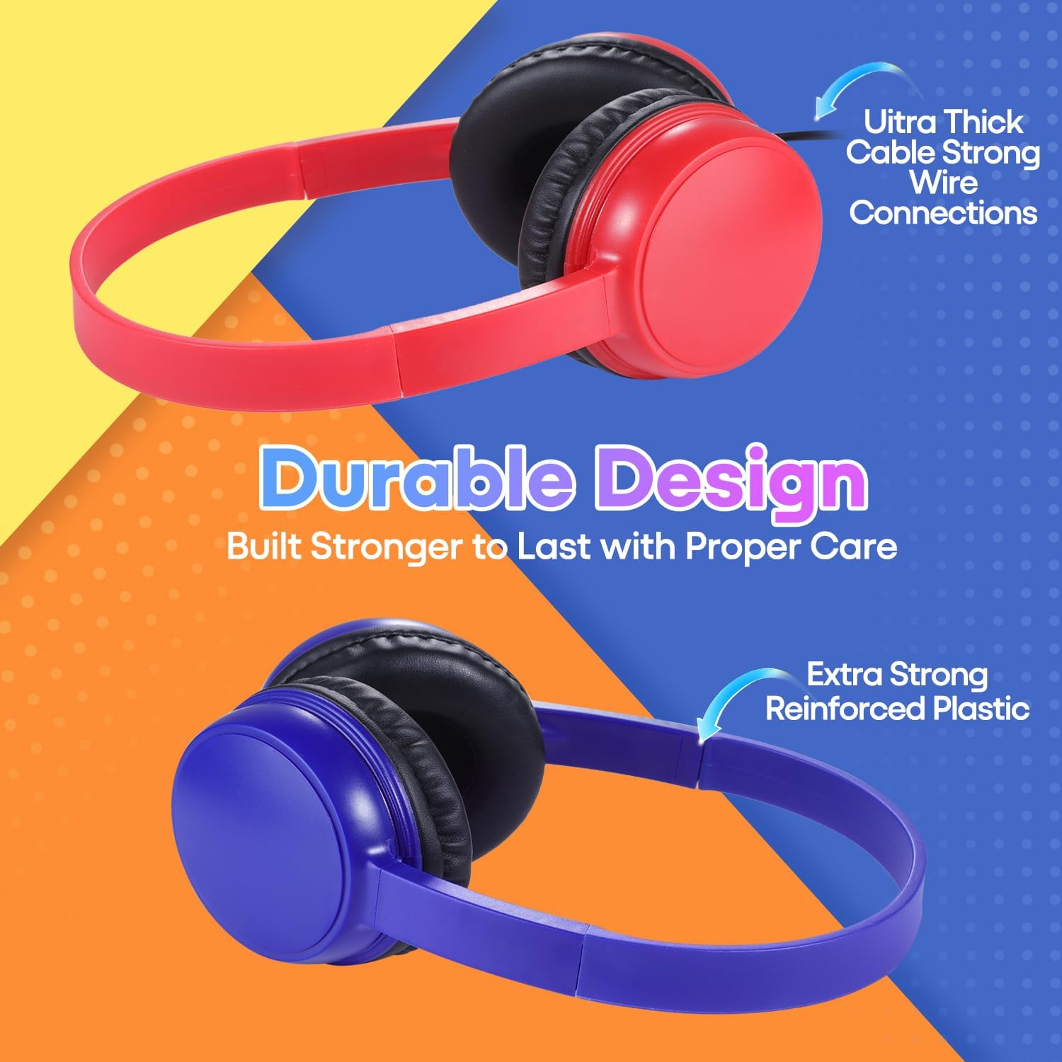 Waneni Classroom Headphones Bulk 10 Pack Mutli Colors for Kids Schools, Class Sets Headsets for Students (Durable,Leather Earcup, Noise Reducing, Comfortable, Easy-To-Clean) image number 5