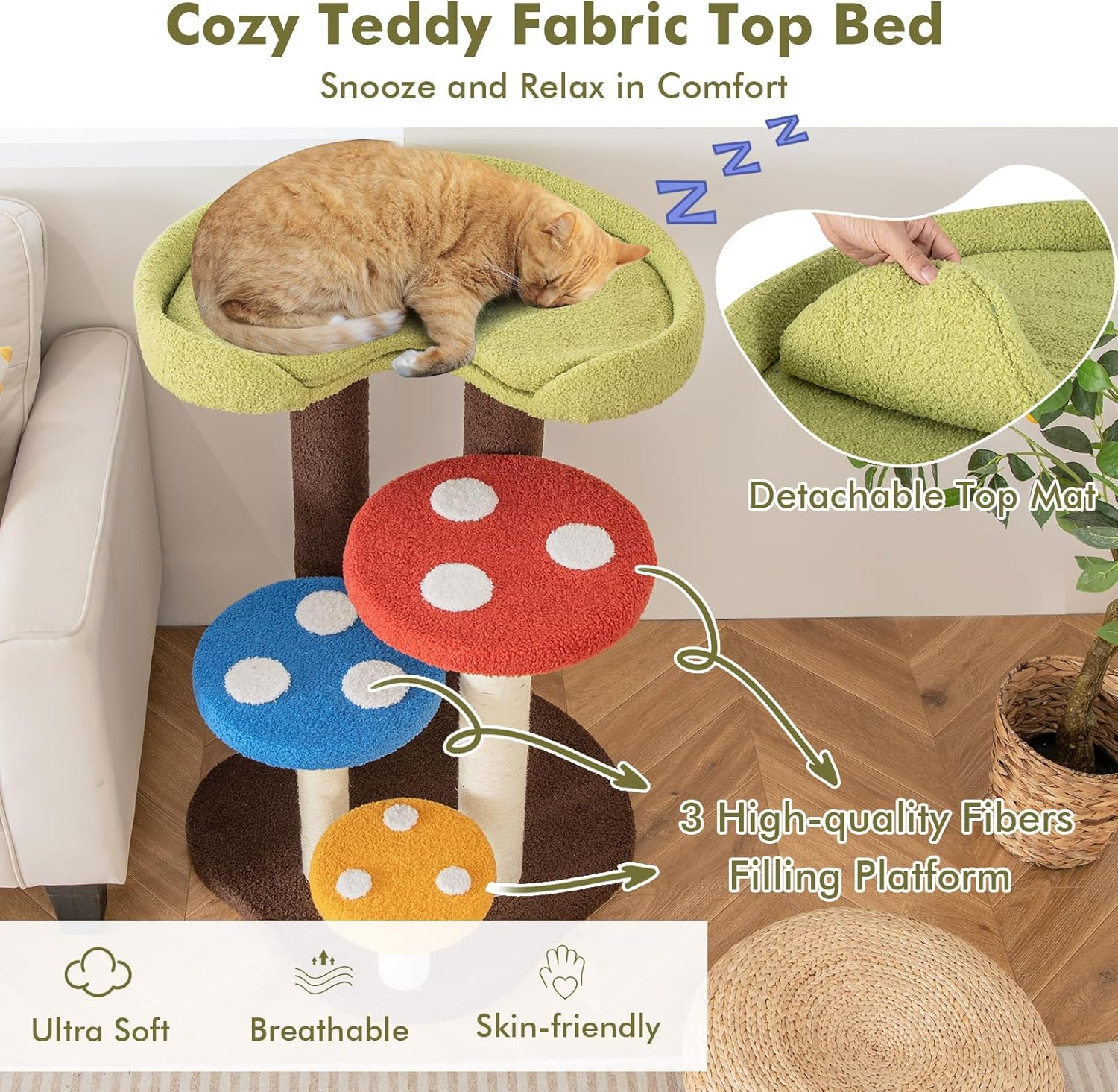 Cat Tree Mushroom, Cutecostway Cat Tower for Indoor Cats with Scratching Post, Unique Multi-Level Cat Furniture, Pet Play House Cat Activity Center for Kitten image number 4
