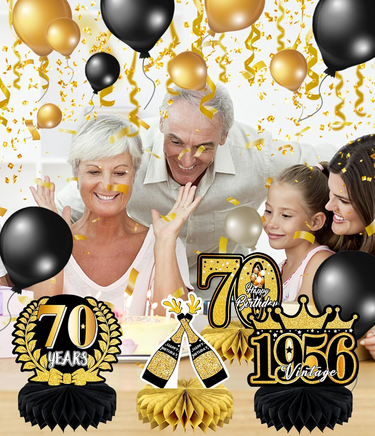 9 Pcs 70Th Birthday Decoration for Men Women - Honeycomb Centerpieces & Table Decorations - Black & Gold - Cheers to 70 Years - 1955 Birthday Party Favors - 80Th-Black And Gold image number 6
