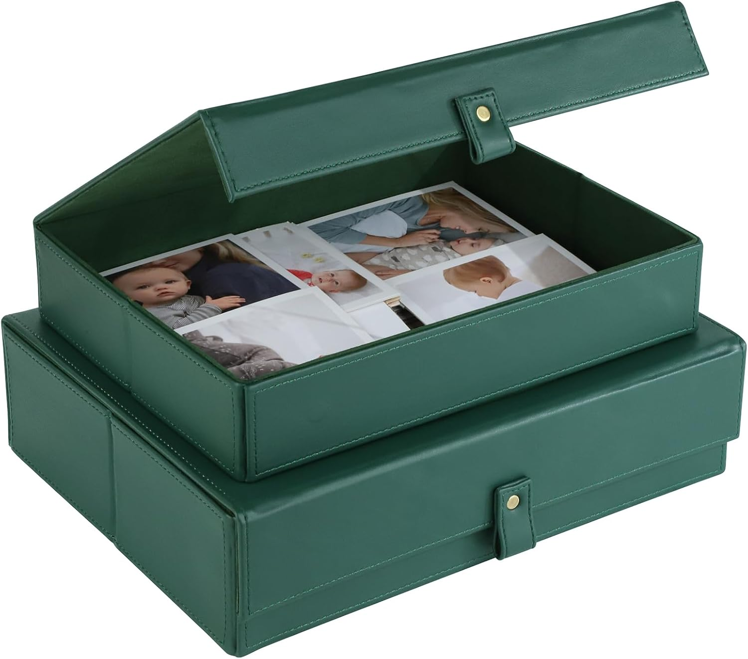 Hofferruffer Photo Storage Boxes with Dust-Proof Lid, Set of 2 Faux Leather Lidded Storage Bins, Photo, Jewelry, Scrapbooking Supplies, Keepsake Organizer for Elegant Home & Office Decor (Green)