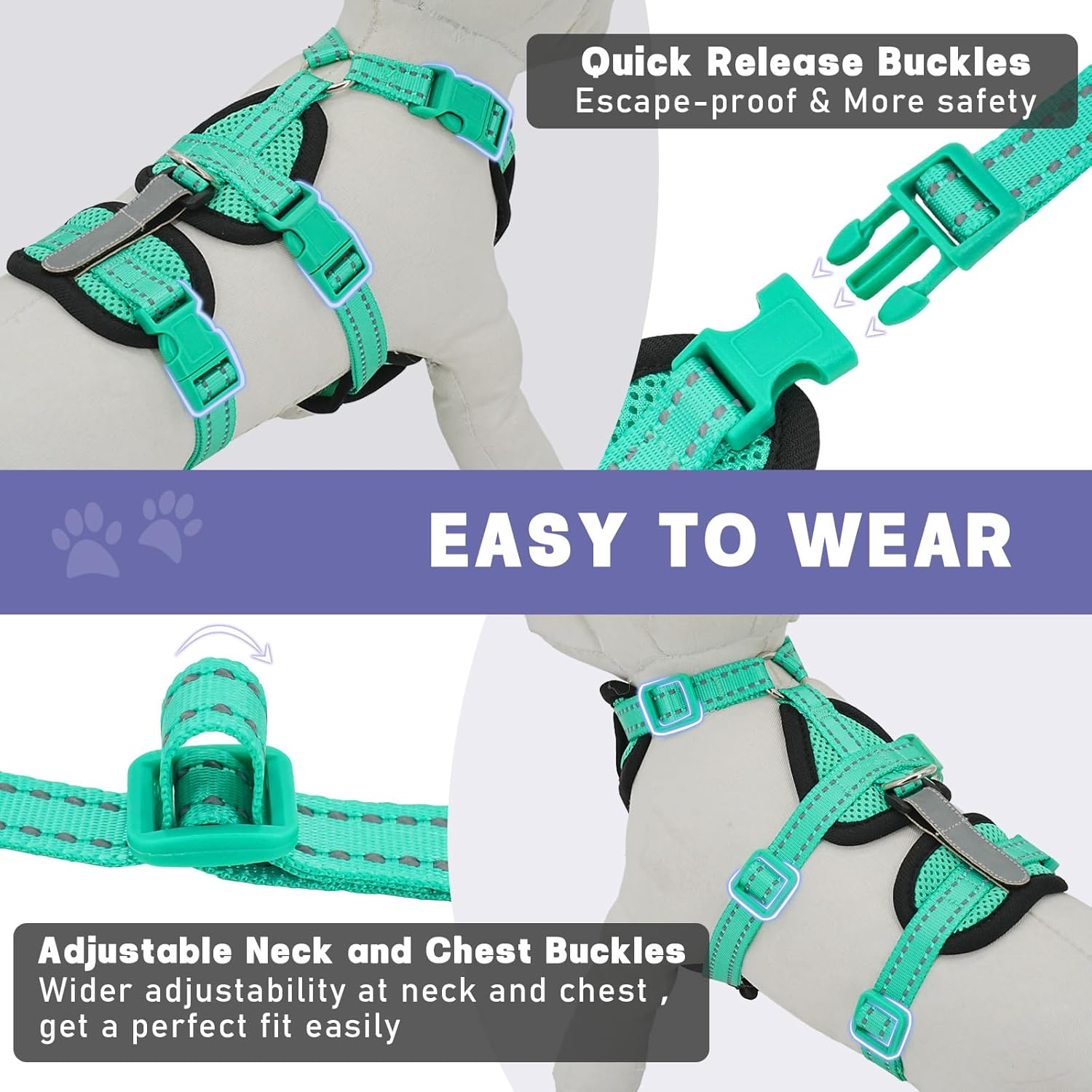 Cat Harness for Walking, Escape Proof Cat Harness and Leash Set with Reflective Strip, Adjustable Cat Leash Breathable Soft Vest for Small to Large Cats, Green, S image number 4