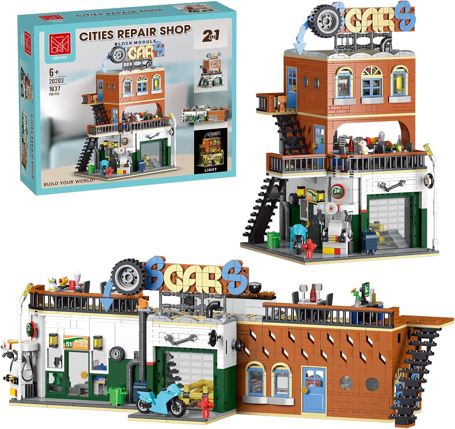 2 in 1 City Building Set, Compatible with  City House with LED Light, Street View Car Repair Shop Architecture Modular Construction Kit, Toys Gift for Adults and Kids Boys Aged 8+ (1637 PCS) image number 5