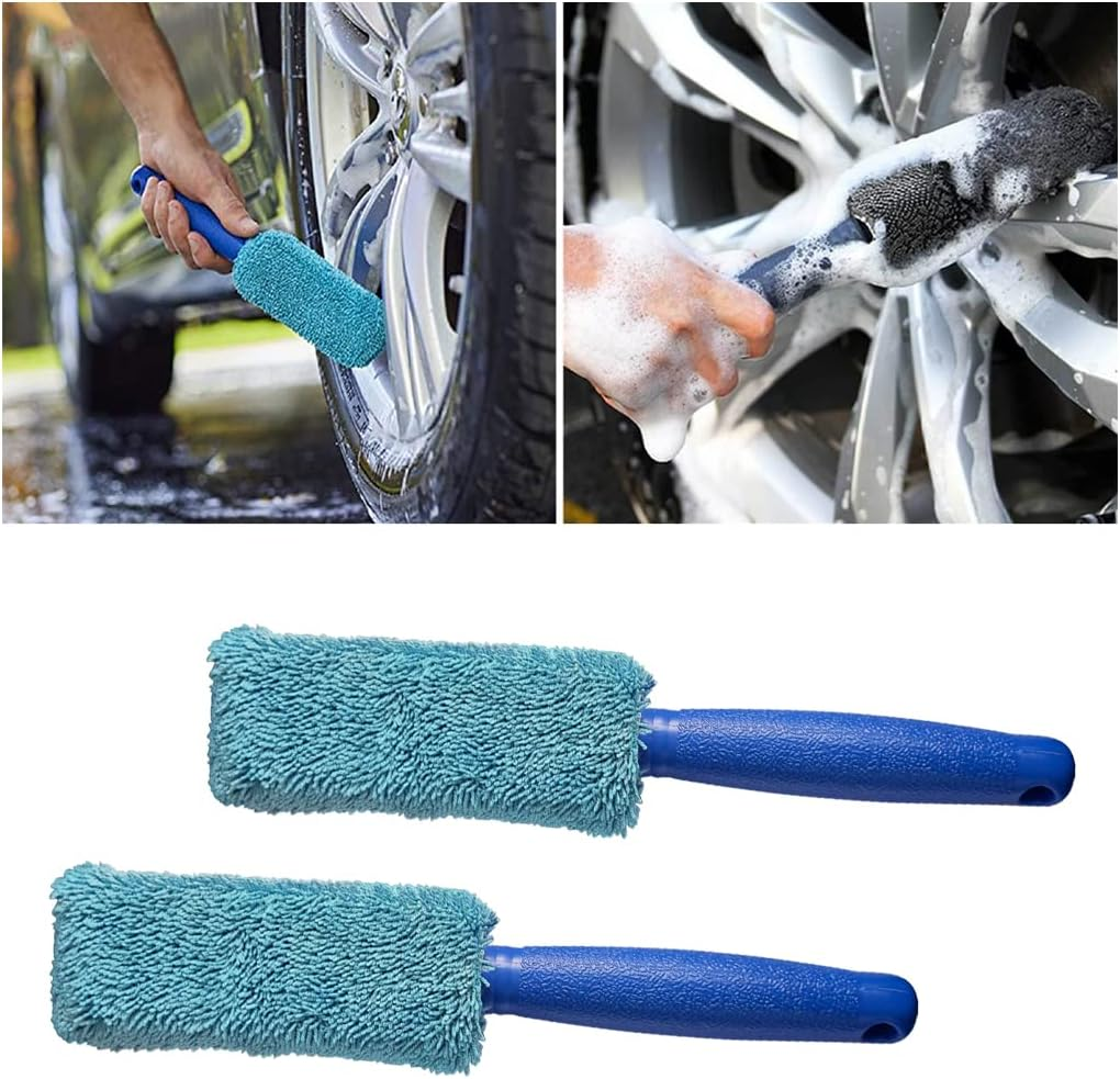 AICEL 2 Pcs Wheel Brush, Soft Microfiber Metal Free Rim and Wheel Brushes Kit, Easy Reach Tire Detailing Washing Tool, Professional Grade Scratch Free Wheel Cleaning Set for Cars, Motorcycles (Blue) image number 2