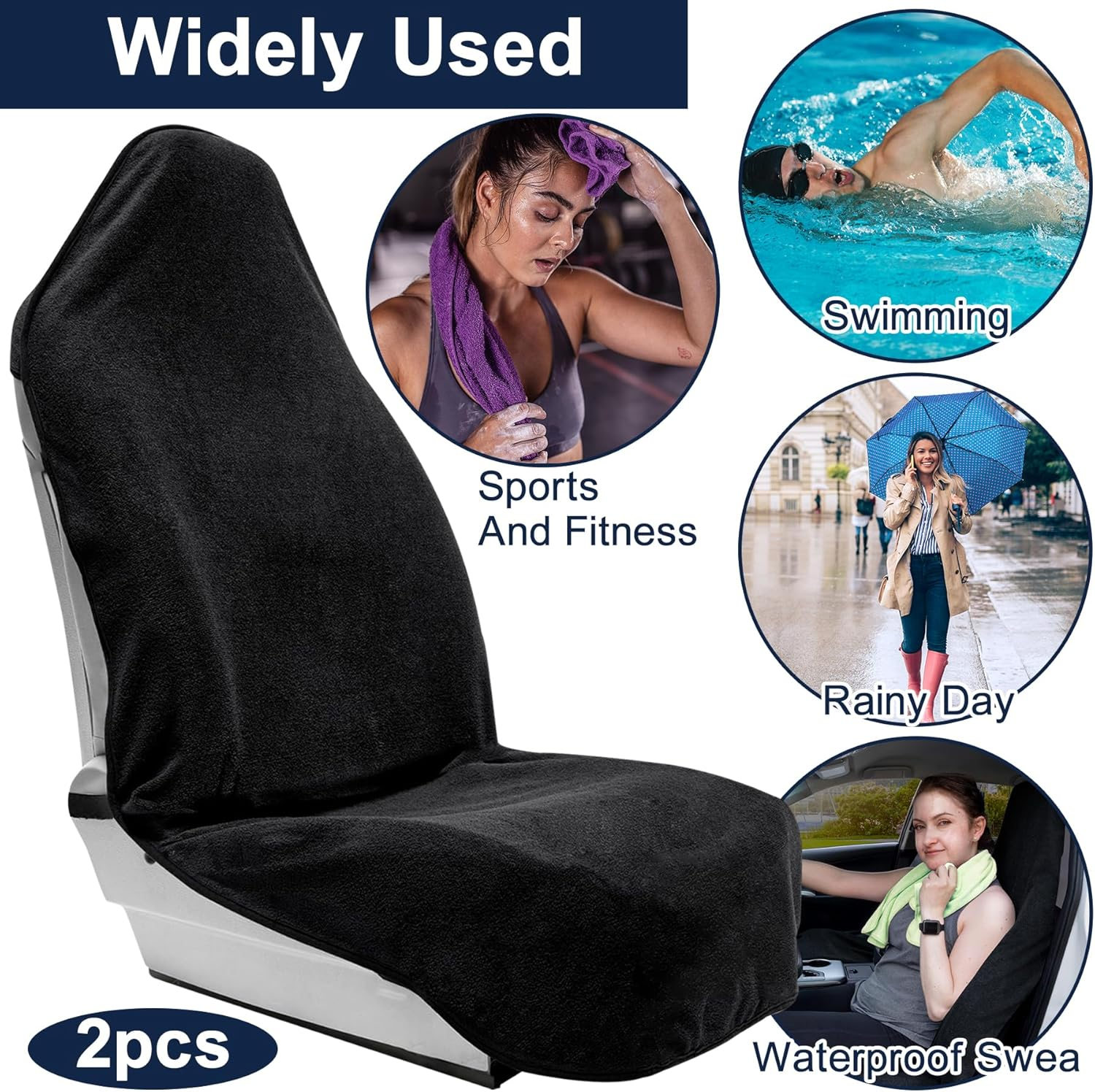 Car Seat Cover Protector, 2 Pack Waterproof Sweat Towel Seat Cover for Rainy Day, Gym, Workout, Running, Swimming, Beach, Hiking, Multi-Purpose Seats Covers Universal Fit for Cars SUV Trucks (Black)