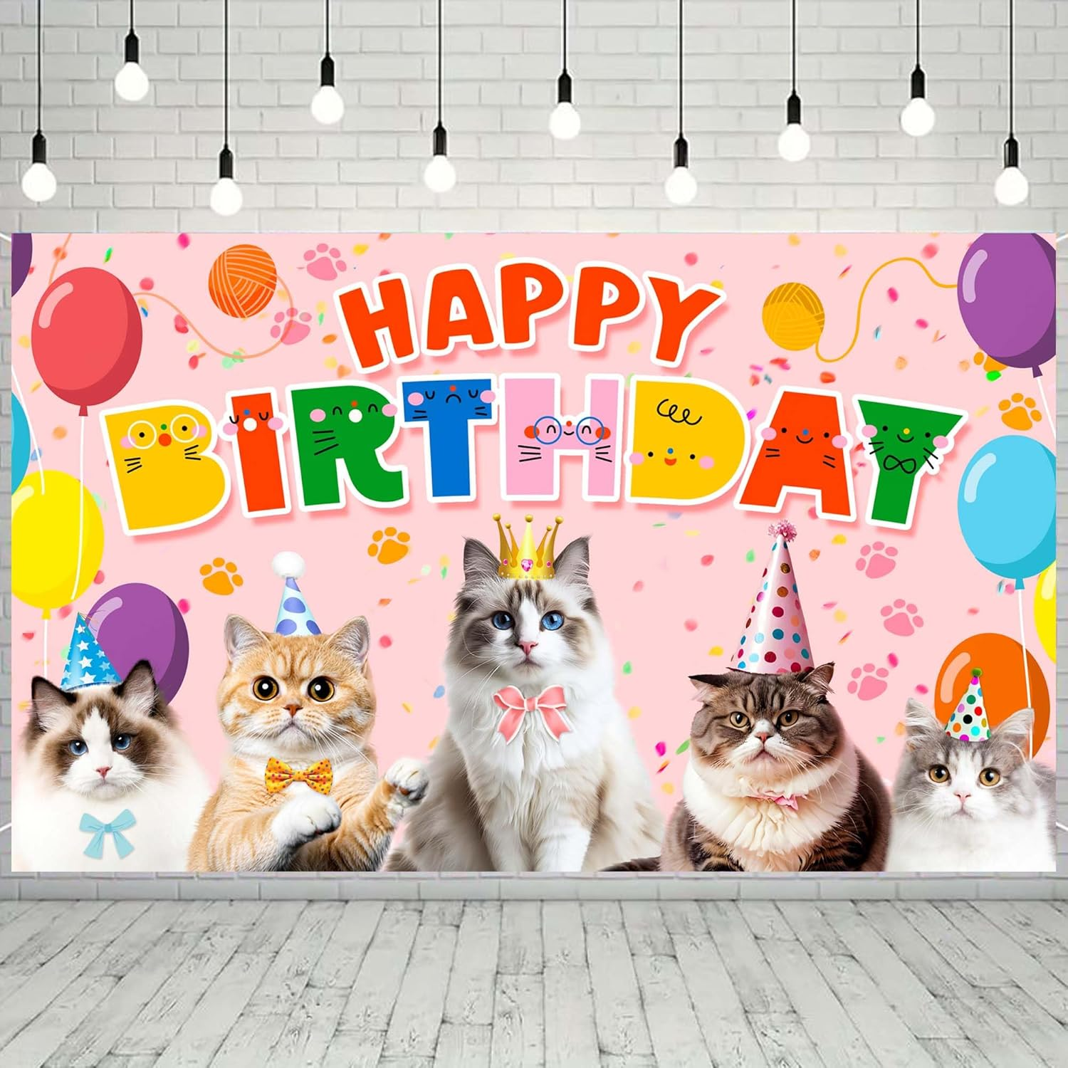 Cat Happy Birthday Background, 110 X 180 Cm Cat Backdrop Cat Party Background Decoration Cat Birthday Banner Background for Cat Theme Party Decoration image number 4