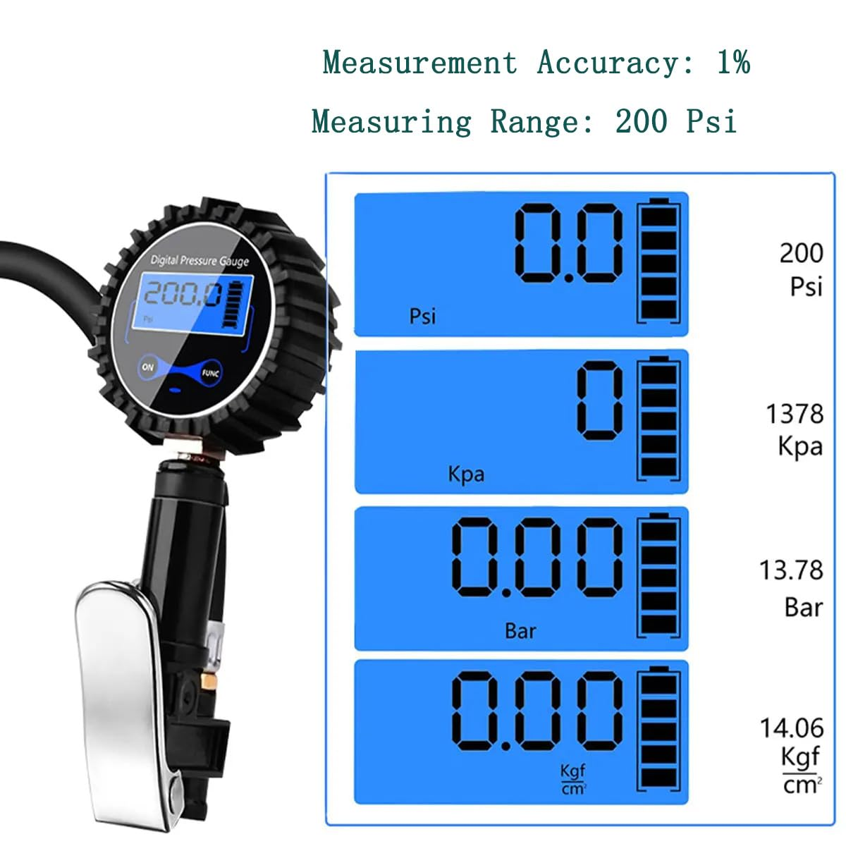 KEWAYO Digital Tire Inflator with Pressure Gauge, 200 PSI Heavy Duty Air Pressure Gauge with Rubber Hose Quick Connect Coupler and Compressor Accessories, for Car Truck Bicycle Motorcycle image number 2