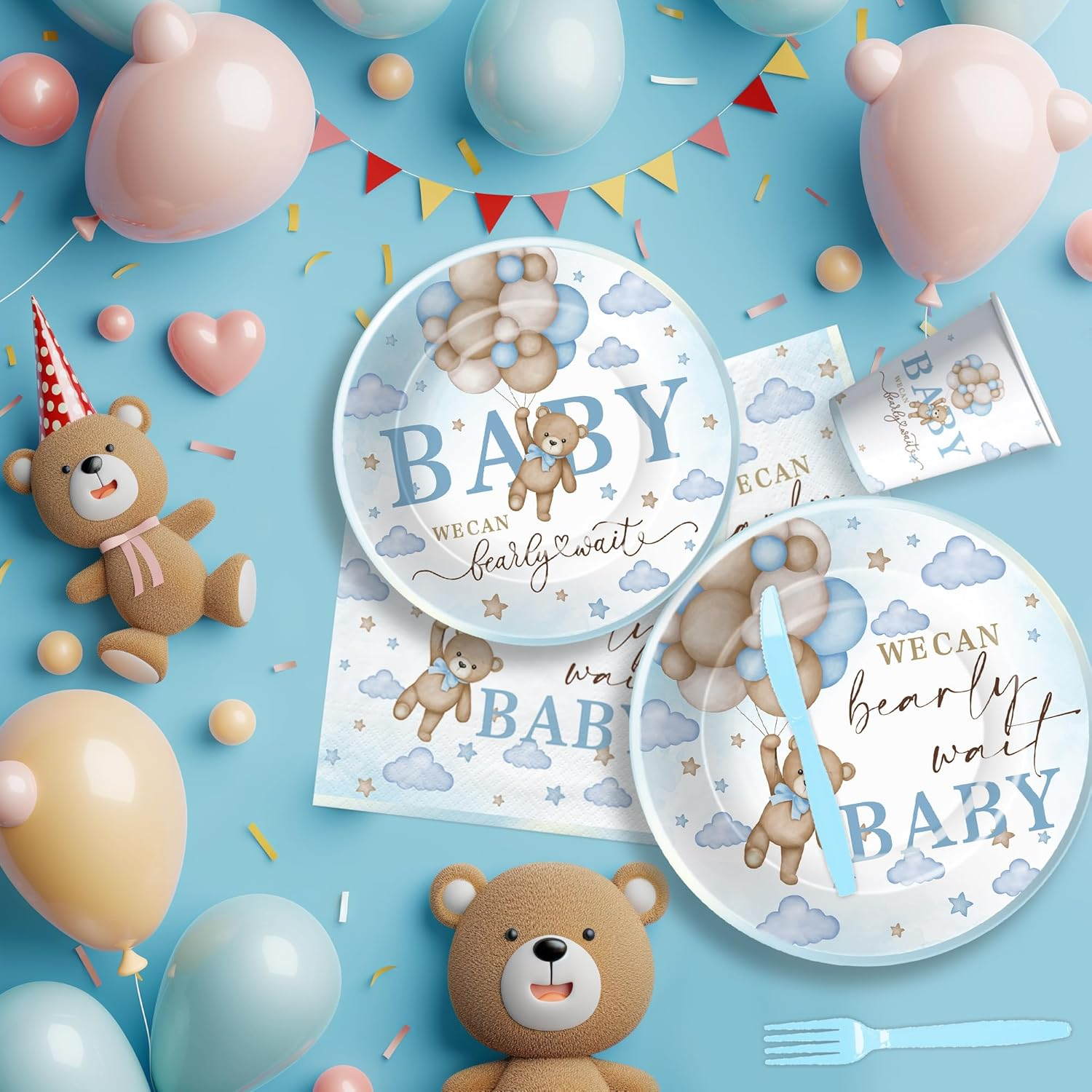 Suhelkit Blue Bear Baby Shower Party Plate, Napkins, Cup and Cutlery Set