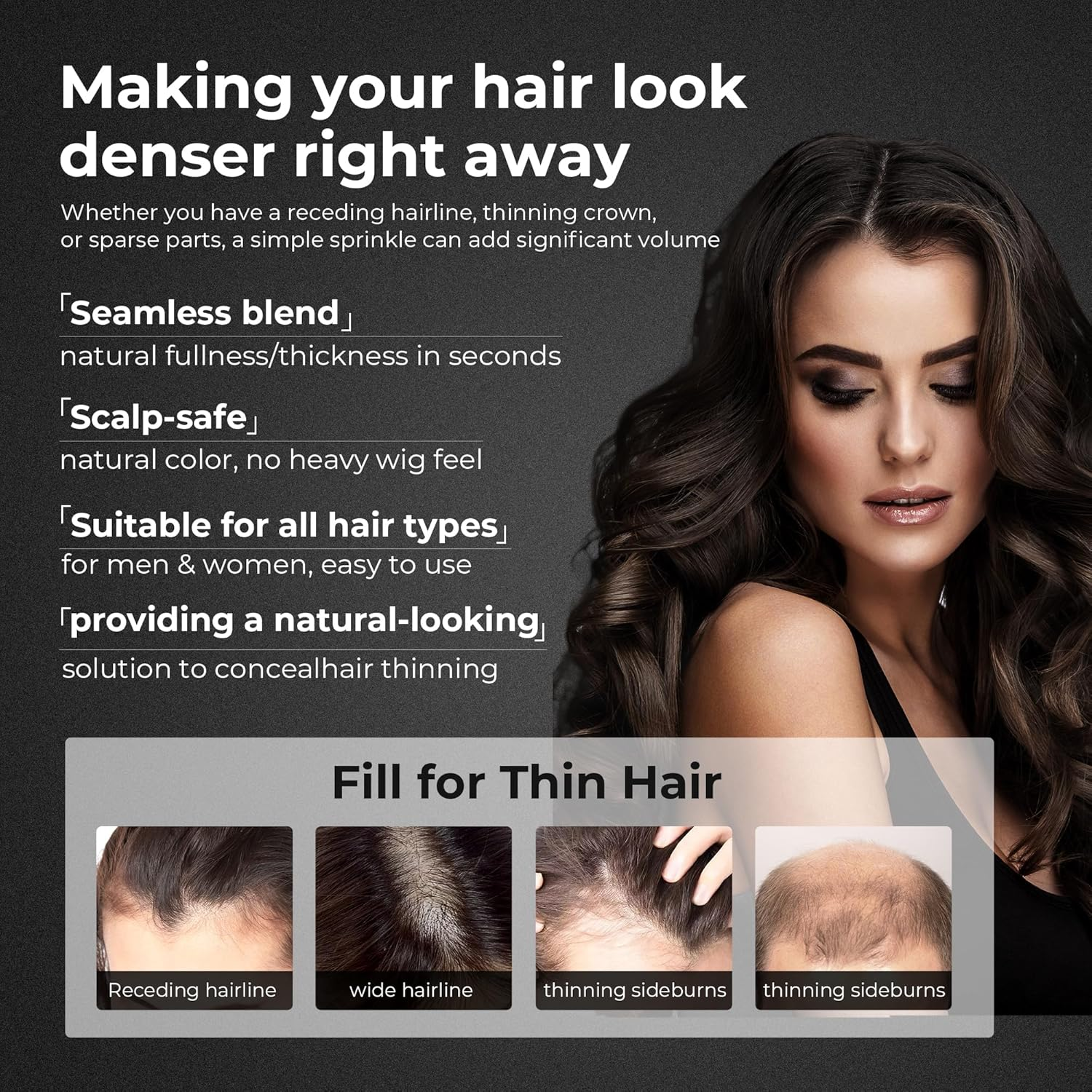 Hair Fibers for Thinning Hair,Hair Building Fibers Instantly Thicker & Fuller Look,Conceals Hair Loss Fill in Fine Hair Powder for Women and Men 30G/1.05Oz (Black) image number 4