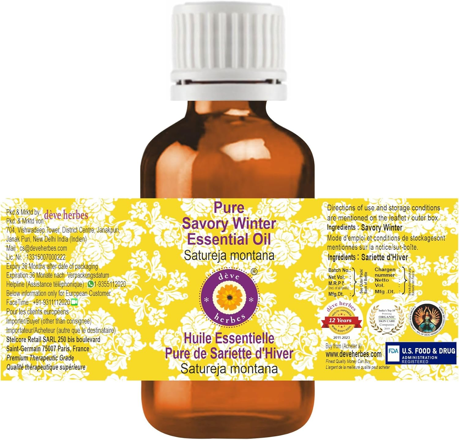 Deve Herbes Pure Savory Winter Essential Oil (Satureja Montana) Natural Therapeutic Grade Steam Distilled 10Ml (0.33 Oz)