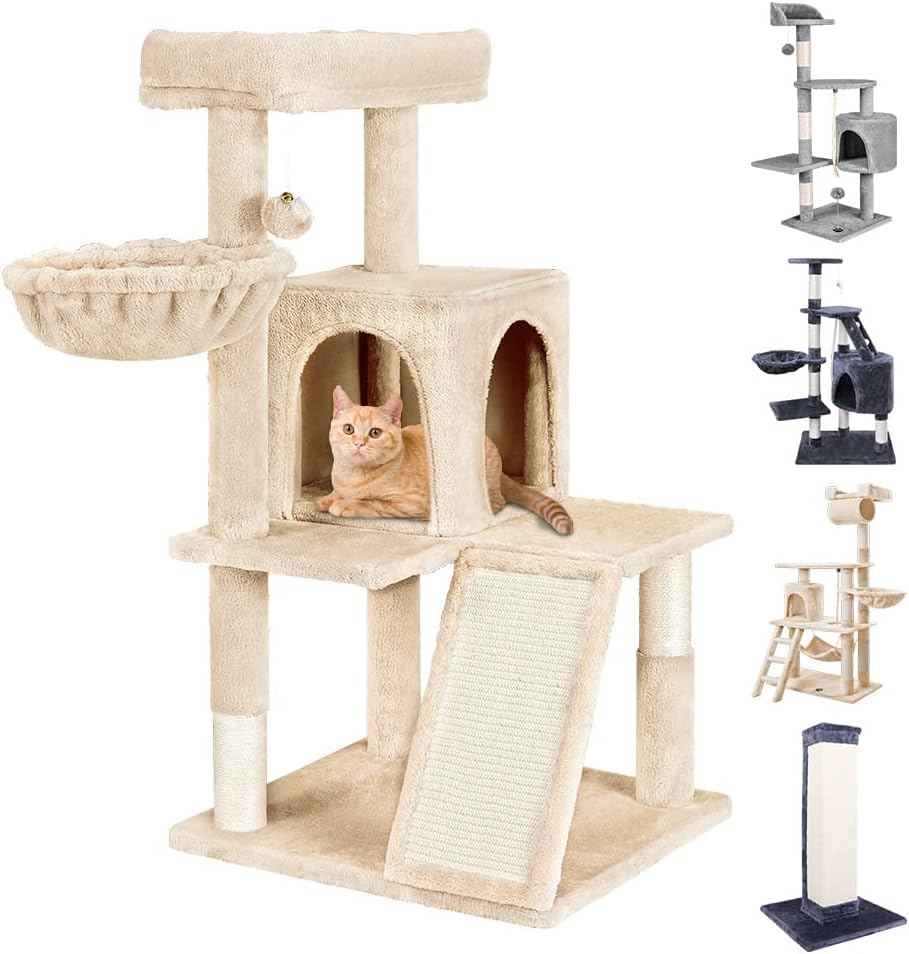 BEASTIE Cat Tree 100Cm Multi-Level Cat Tower with Scratching Posts, Cat Condo Play House Wood Furniture for Kittens Climbing and Rest, Sisal-Covered Cat Scratcher Tower with Plush Perch in Grey Colour