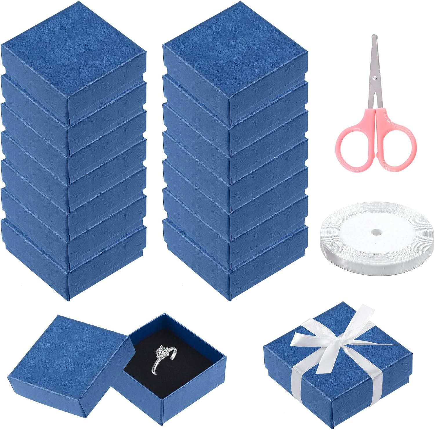 Swpeet 17Pcs 2.95 X 2.95 X 1.2Inch Sapphire Blue Fan Pattern Cardboard Jewelry Gift Boxes with Scissors and Polyester Ribbon Assortment Kit, Necklace Earring Bracelet Boxes Gift Case for Jewelry - Black image number 3