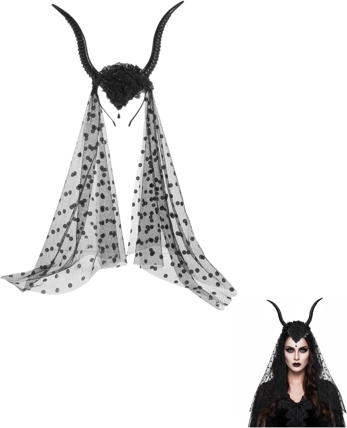 Healifty Goat Horns Headband Costume Cosplay: Gothic Queen Sheep Horns Headdress Halloween Demon Devil Headpiece with Black Mesh Veil image number 3