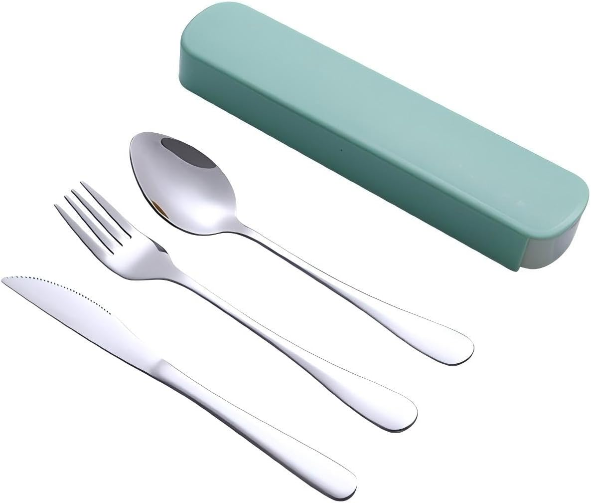 Tongke Portable Stainless Steel Cutlery Set with Storage Case - Durable Travel Utensils for Hiking, Office, Picnic (Knife, Spoon, Fork) - Dishwasher Safe & Compact Outdoor Eating Kit (Black)