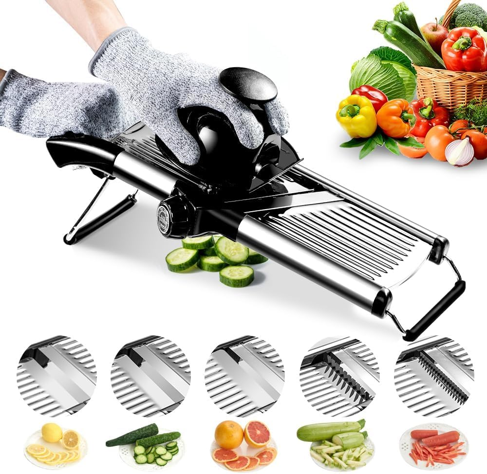 Mandoline Food Slicer, Adjustable Mandoline Slicer Kitchen Gadget, Stainless Steel Mandolin Vegetable Chopper for Potato/Tomato/Onion, Vegetable Slicer Julienne Cutter with Cut-Resistant Gloves image number 2