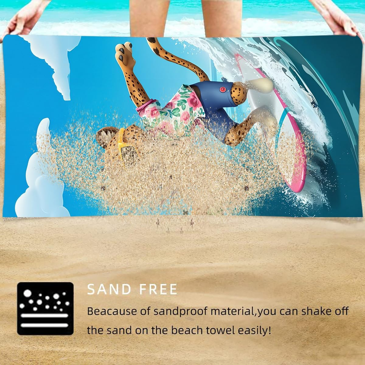 Beach Towel Backpack &ndash; Portable 2-In-1 Sand-Free Beach Towel with Integrated Storage Bag &ndash; Lightweight, Quick-Dry, Printed Towel for Travel, Swimming, Camping & Outdoor Activities (Style 3) - Style 3-Surfing Leopard image number 6