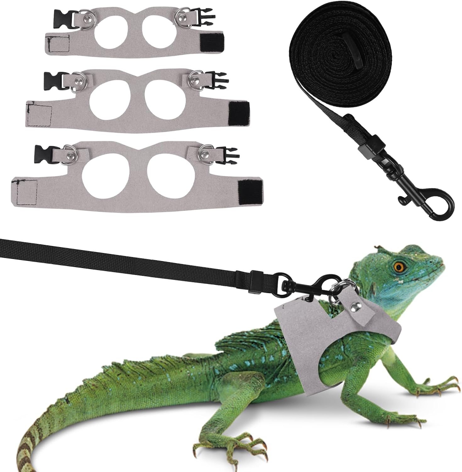 Fnaobai Bearded Dragon Harness Leash Set 3 Size Adjustable Lizards Training Walking Leather Vest Escape-Proof Traction Rope for Outdoor Small Reptiles Animal Squirrels (Grey) - Blue image number 4