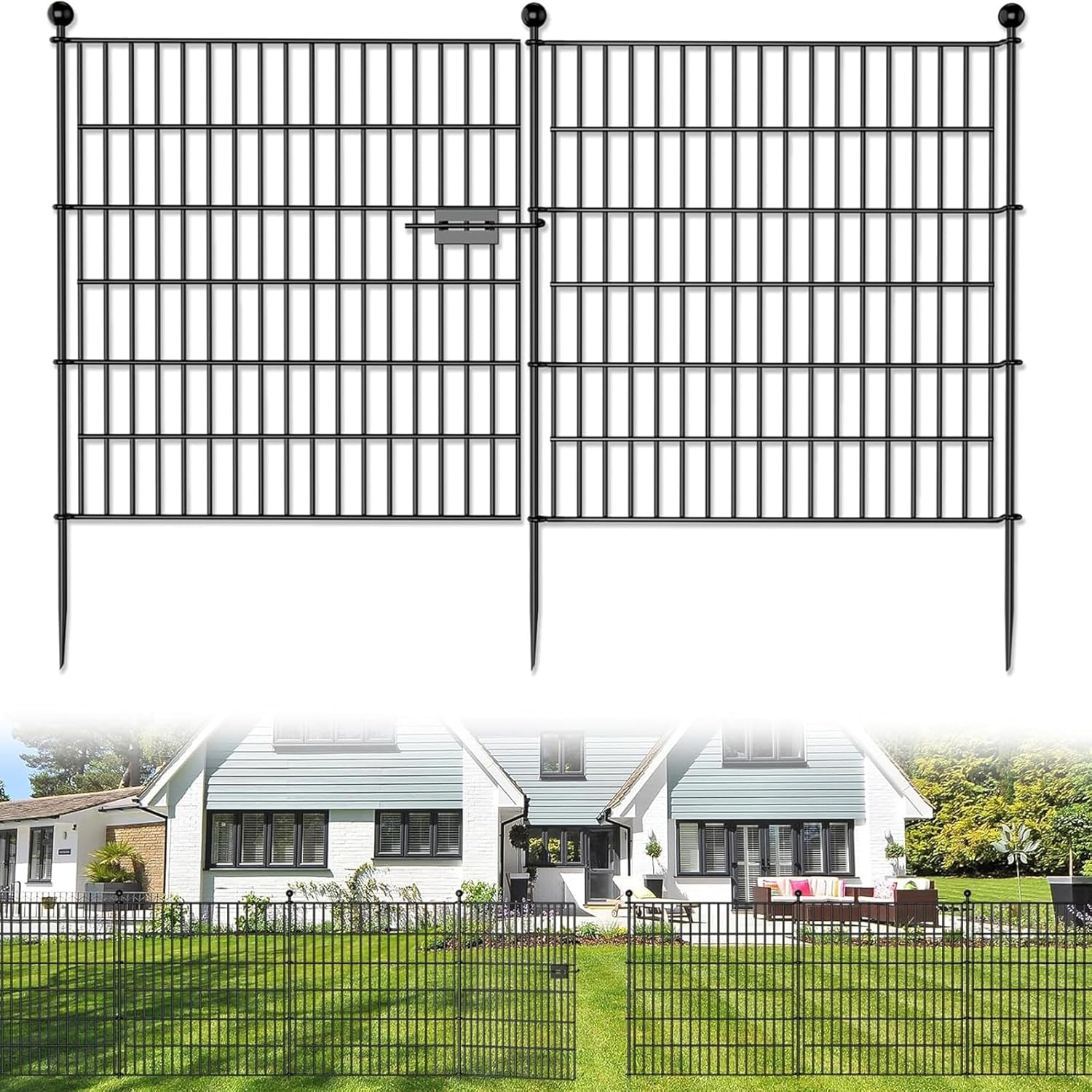 10Pack Decorative Garden Fence, Rustproof Metal No Dig Animal Barrier, Arched Flower Border Panel Fencing Stakes with Gate for Dog Rabbit Yard Patio Outdoor Decor, Black 74 * 81Cm image number 3