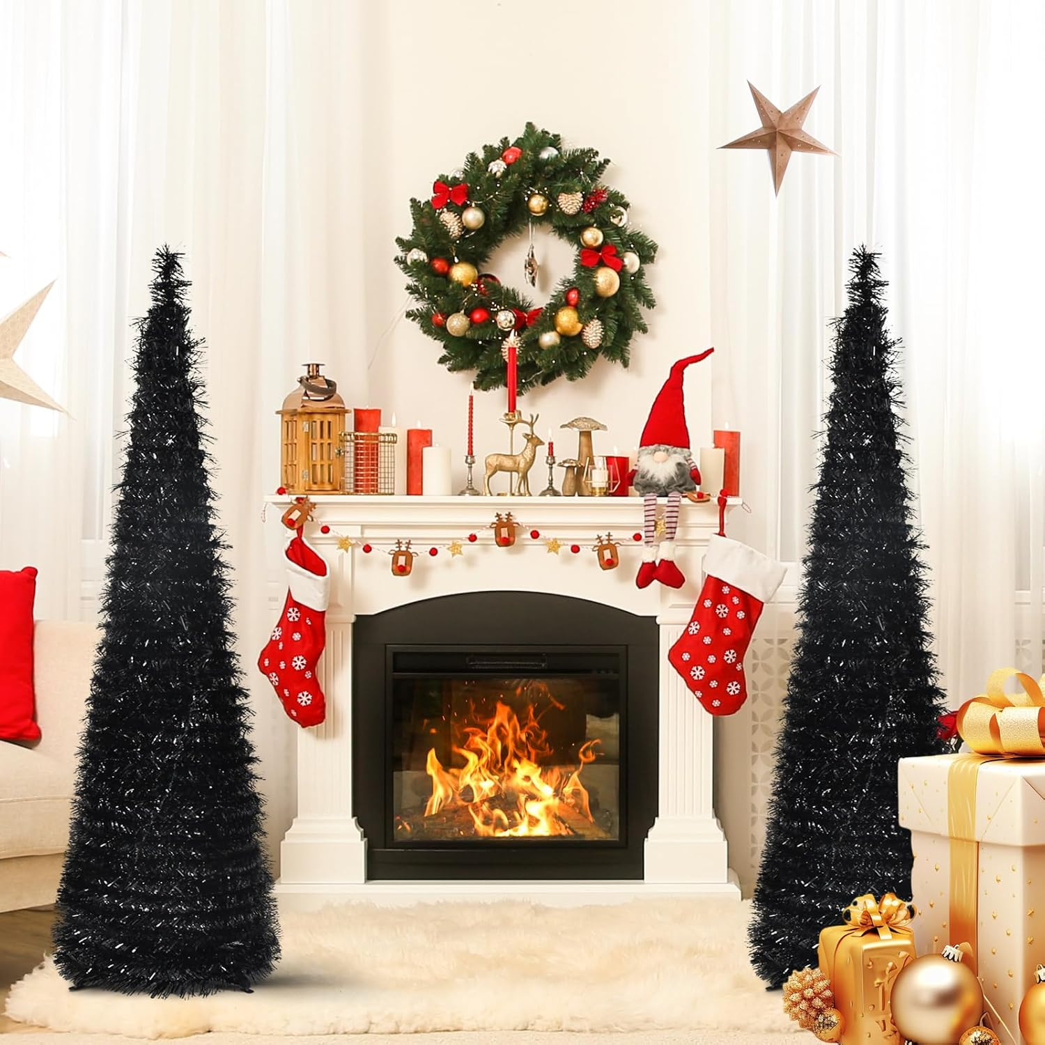 YUQI 5' Slim Black Tinsel Pop-Up Artificial Halloween Christmas Tree,Collapsible Pencil Halloween Christmas Trees Features Sequins Accents for Apartments,Dorm Rooms,Fireplace or Party image number 4