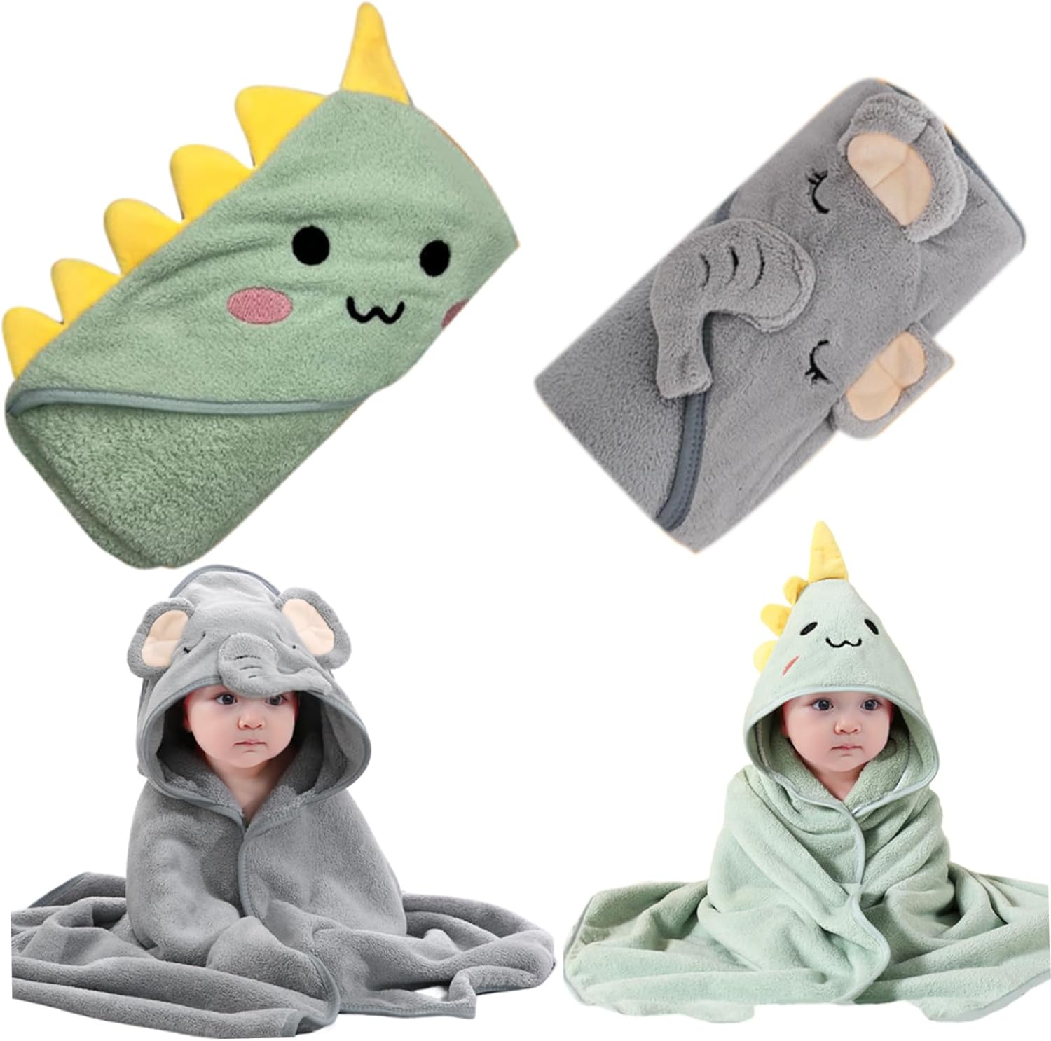 Baby Hooded Towels 2Pcs 32X32'' Soft & Absorbent Kids Bath Towel with Cute Dinosaur Design - Swimming Bathrobe Gifts for Boys Girls Toddlers image number 3
