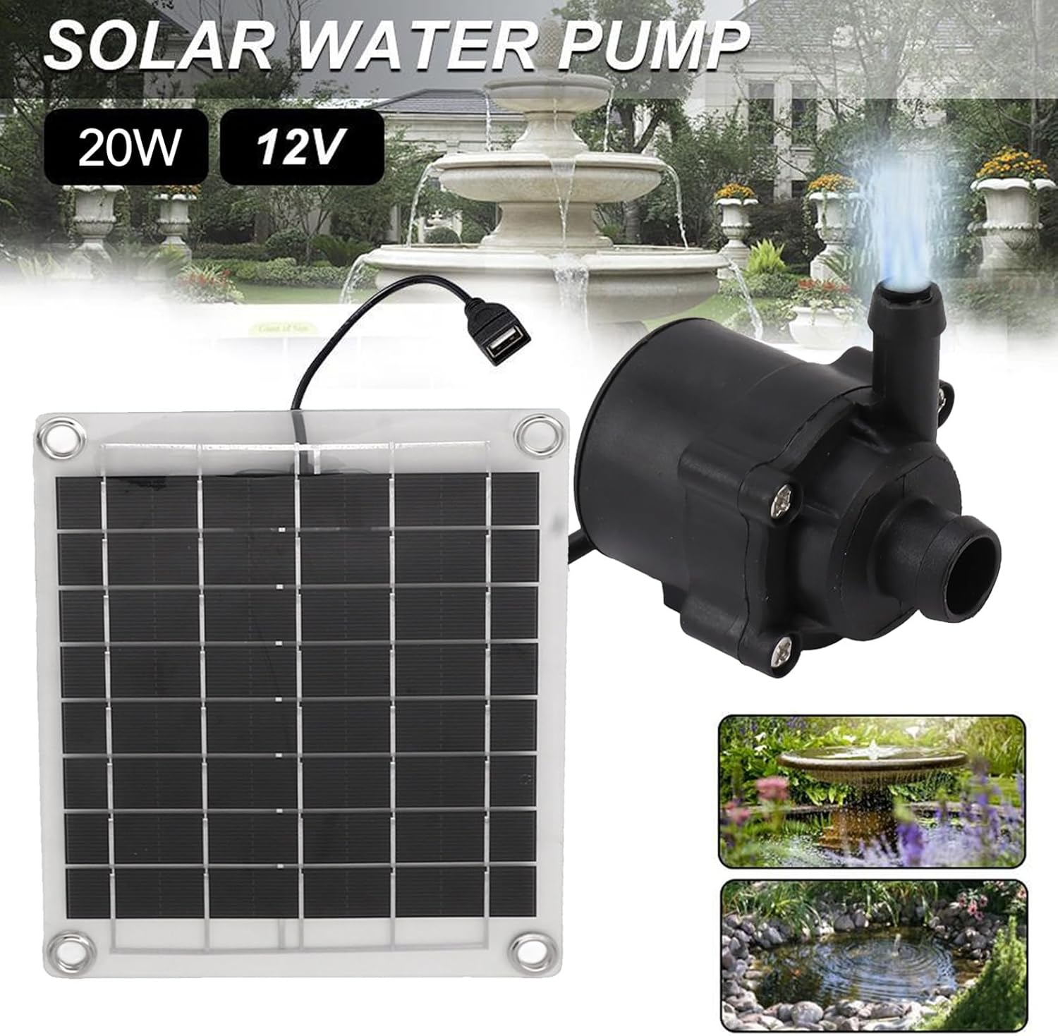 Solar Fountain Pump Kit, 12V 20W Solar Bird Bath Fountain Pump with Solar Panel, Adjustable Irrigation Solar Water Pump Submersible Pump for Ponds, Garden, Fish Tank, Pool, Outdoor image number 5