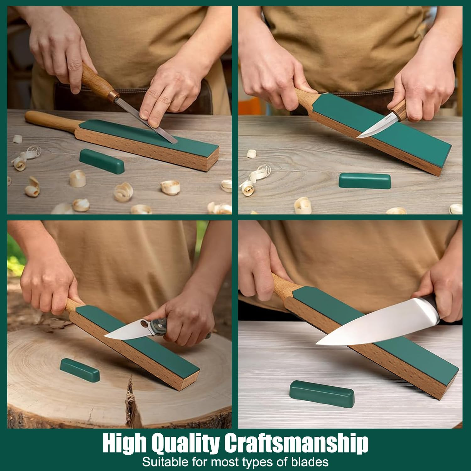 Necomi Double-Sided Leather Strop (Genuine Cowhide)- 14.6 ''X 2'' Sharpening Block Set with Polish & Clip, Stropping Leather Knife Sharpener with Ergonomic Handle, Stropping Kit image number 2