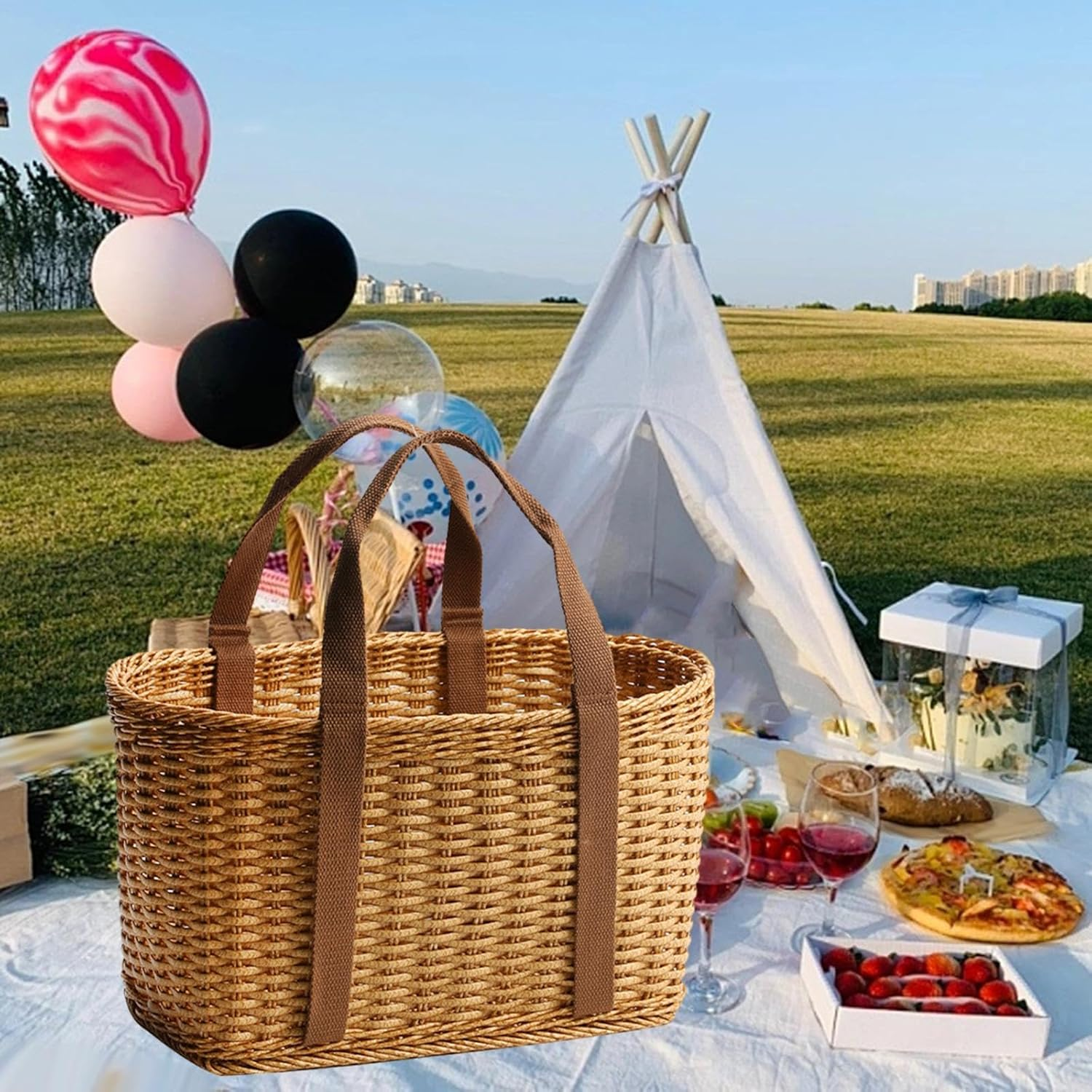 Fonowx Hand Woven Wicker Basket with Handle Flower Basket Functional Simple Storage Basket Shopping Basket Bag for Shopping Camping Daily Necessities Outdoor Picnics, Large