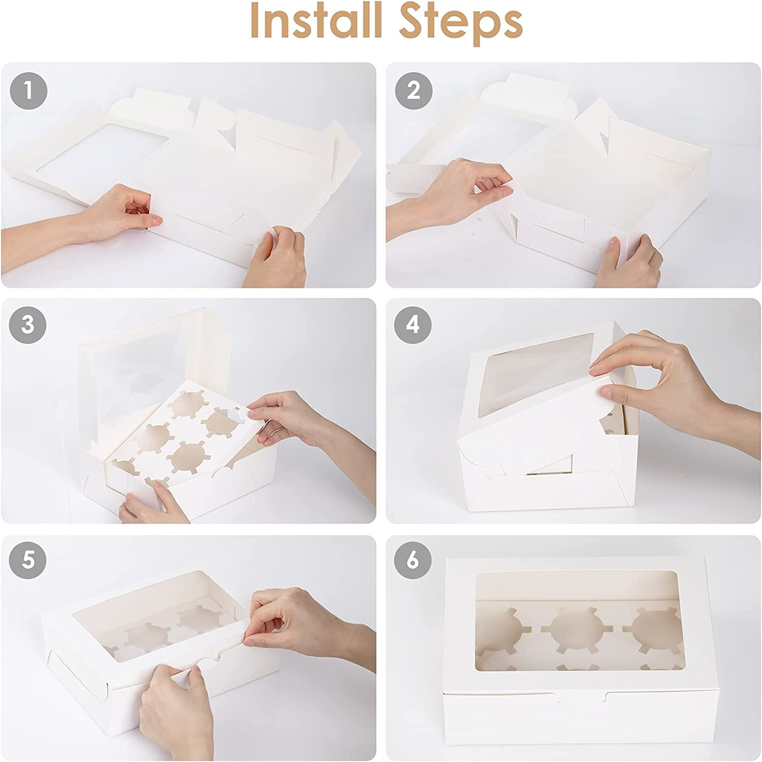 10 Pack 6 Holes Cupcake Boxes with Window Cake Cookie Bakery Boxes Muffin Donut Pastry Containers for Wedding Birthday Party Christmas,9.3X6.2X3 Inches/White image number 3