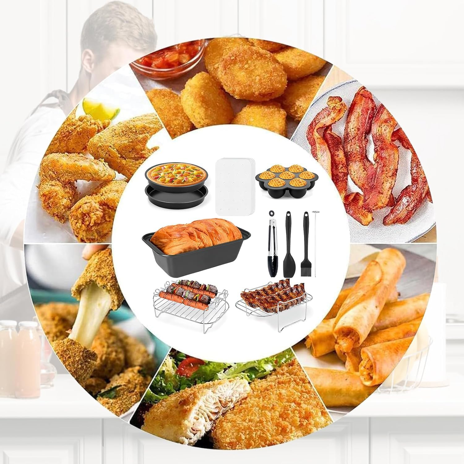 Air Fryer Accessories Set of 9,Dual Basket Fit for Ninja DZ201, DZ401 & Most 8 Qt - 10 Qt and Larger Zone Air Fryer, Include Cake Pizza Pan, Rack & Skewer, 100 Paper Liner (9) image number 4