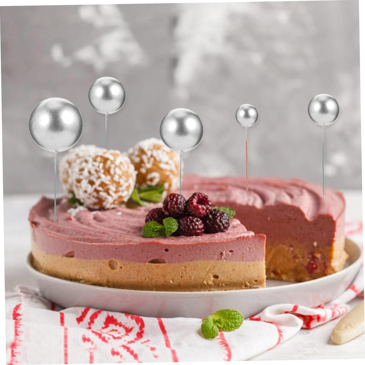 30Pcs Ball Cake Topper Birthday Decorations Pastel Dessert Props Ball Shape Ornament - Silver image number 3