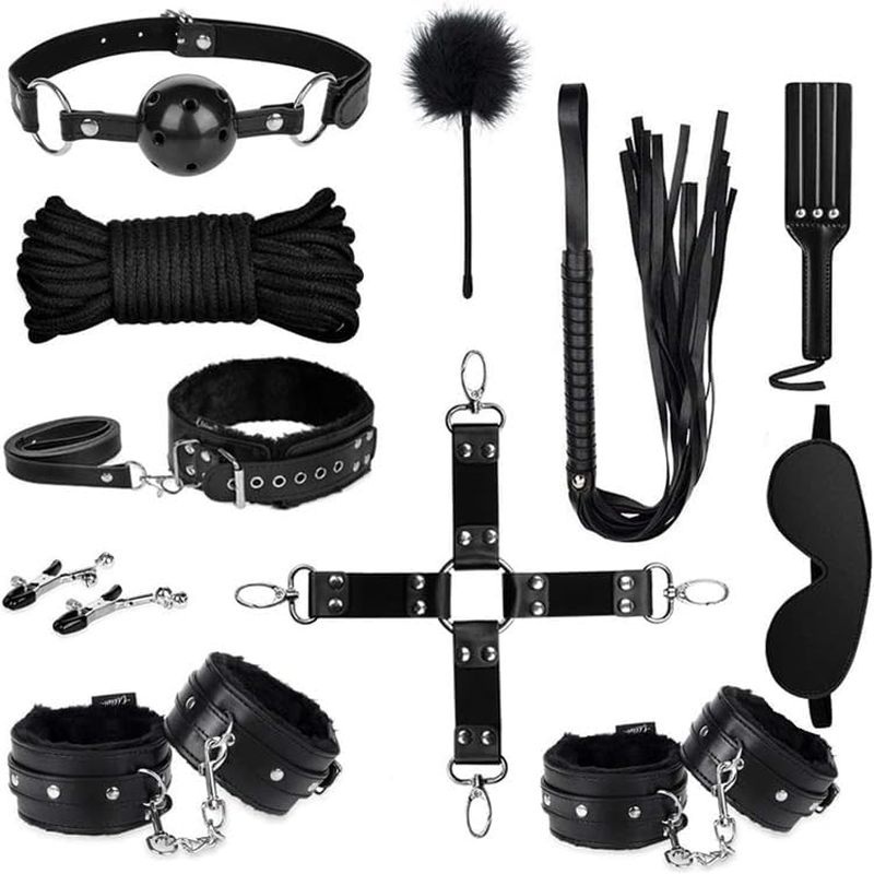 Sex Bondage BDSM Restraints Sex Toys 10 Pcs Set, SM Sex Toy Adult Toys Games Cuffs Gag Blindfold Spanking Paddle Safe Fetish Bed BDSM Kit Cuffs Nipple Clamps Ball Gag Rope Cosplay for Women Couples (Black) (Black)