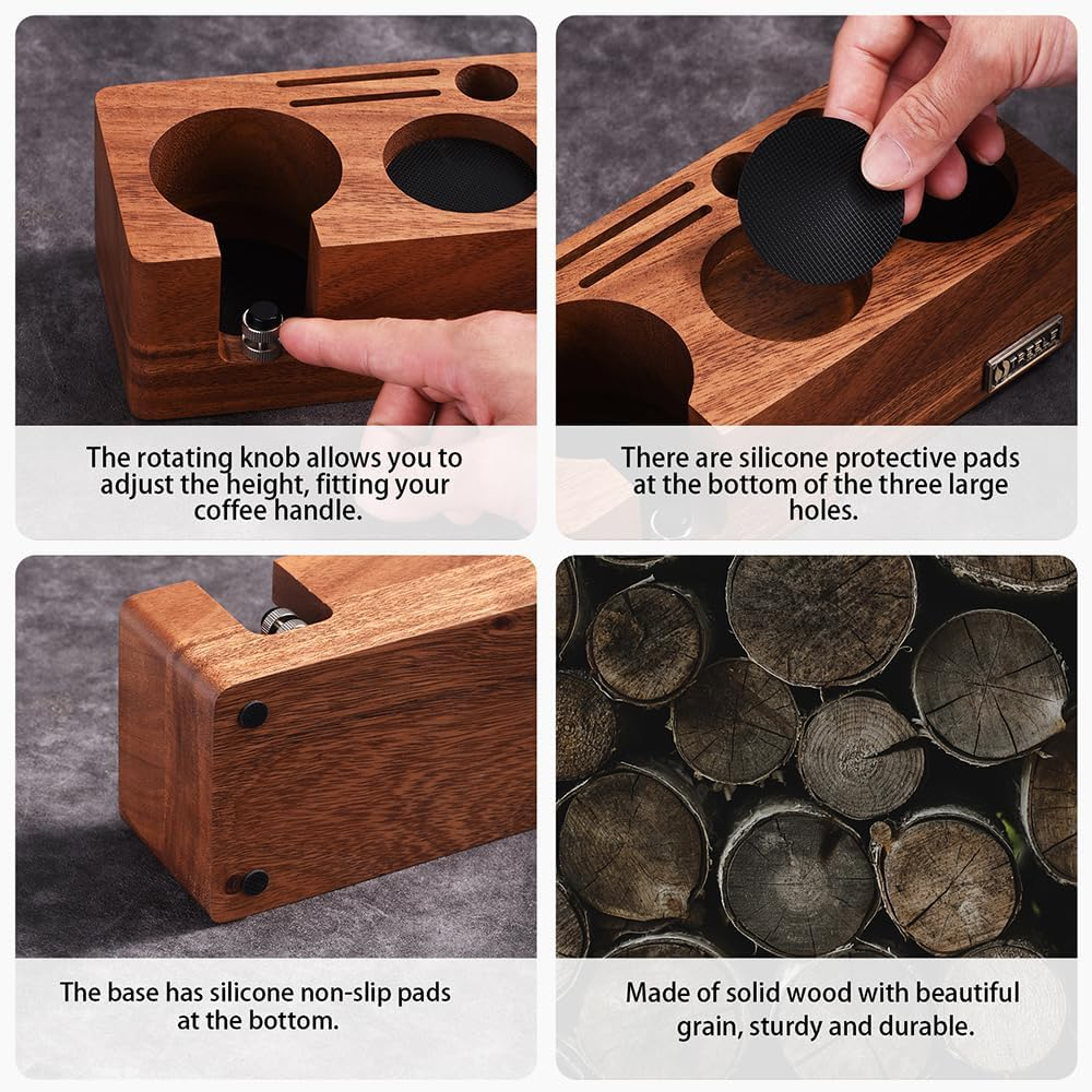 Walnut Espresso Tamping Station for 54Mm Espresso Machine Portafilter Stand Base Adjustable Height 3-In-1 Coffee Tamper Station Organizer Distributer and Portafilter Holder for Countertop Brown 54Mm