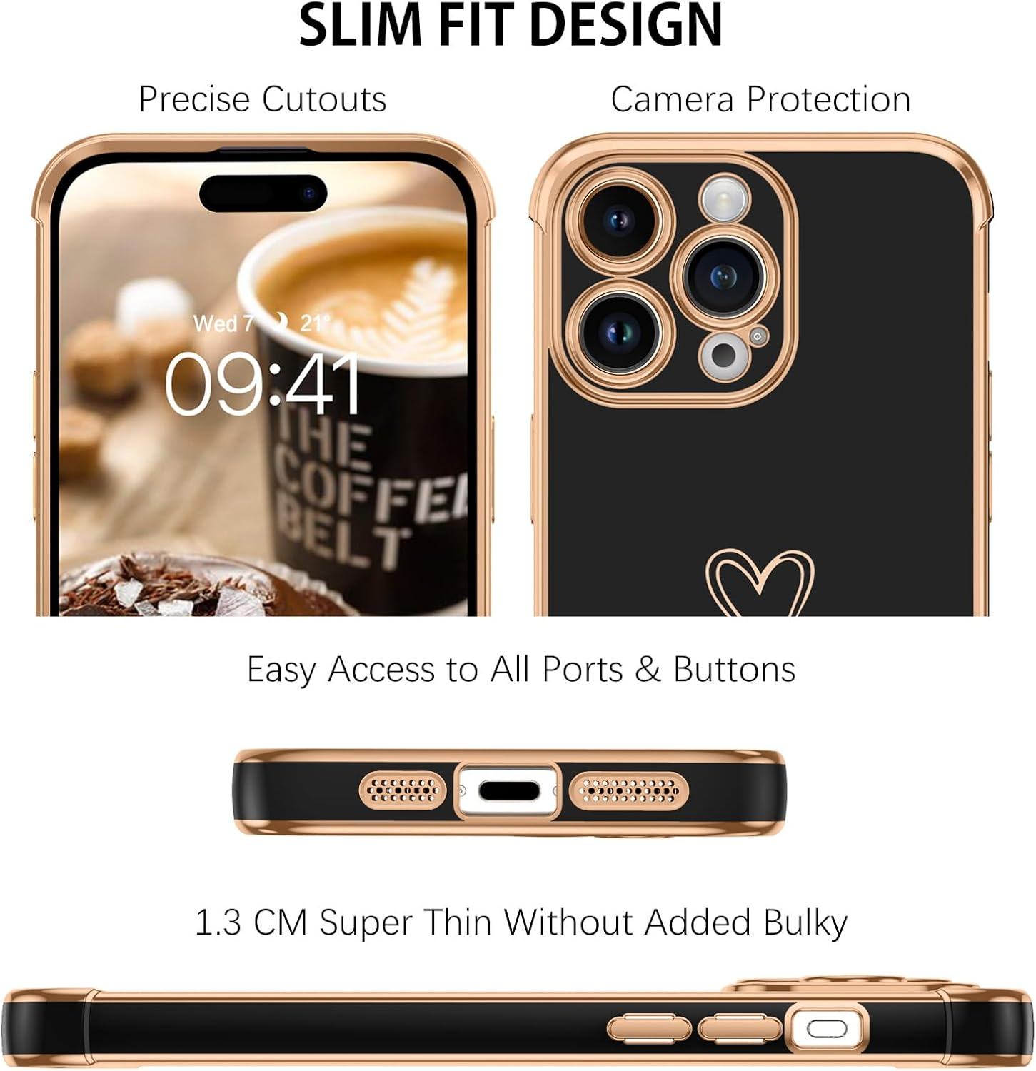 GUAGUA for Iphone 15 Pro Max Case, Luxury Bumper Case Iphone 15 Pro Max Case Cute Heart Pattern Cover for Women Camera Protection & 4 Corners Shockproof Protection Phone Cover Black