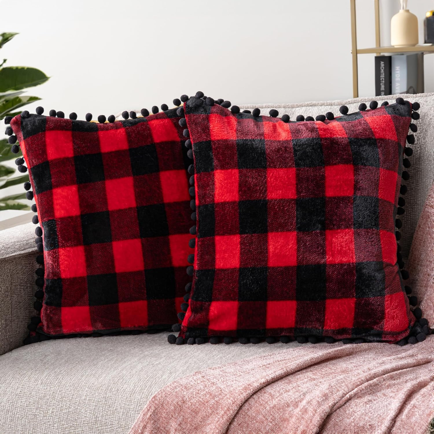 PAVILIA Dusty Blue Throw Pillow Covers Pom Pom 18X18 Set of 2, Decorative Pillow Cases Bed Sofa Couch, Boho Accent Decor Cushion Bedroom Living Room, Velvet Square Euro Sham Pompoms, Light Slate Blue