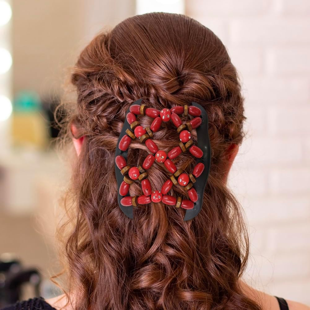 Umibow 4 Pcs Stretchy Magic Hair Combs for Women Double Comb Hair Clip Elastic Wood Beaded Hair Bun Maker Magic Hair Side Combs for Curly Thick Wavy Hair image number 6