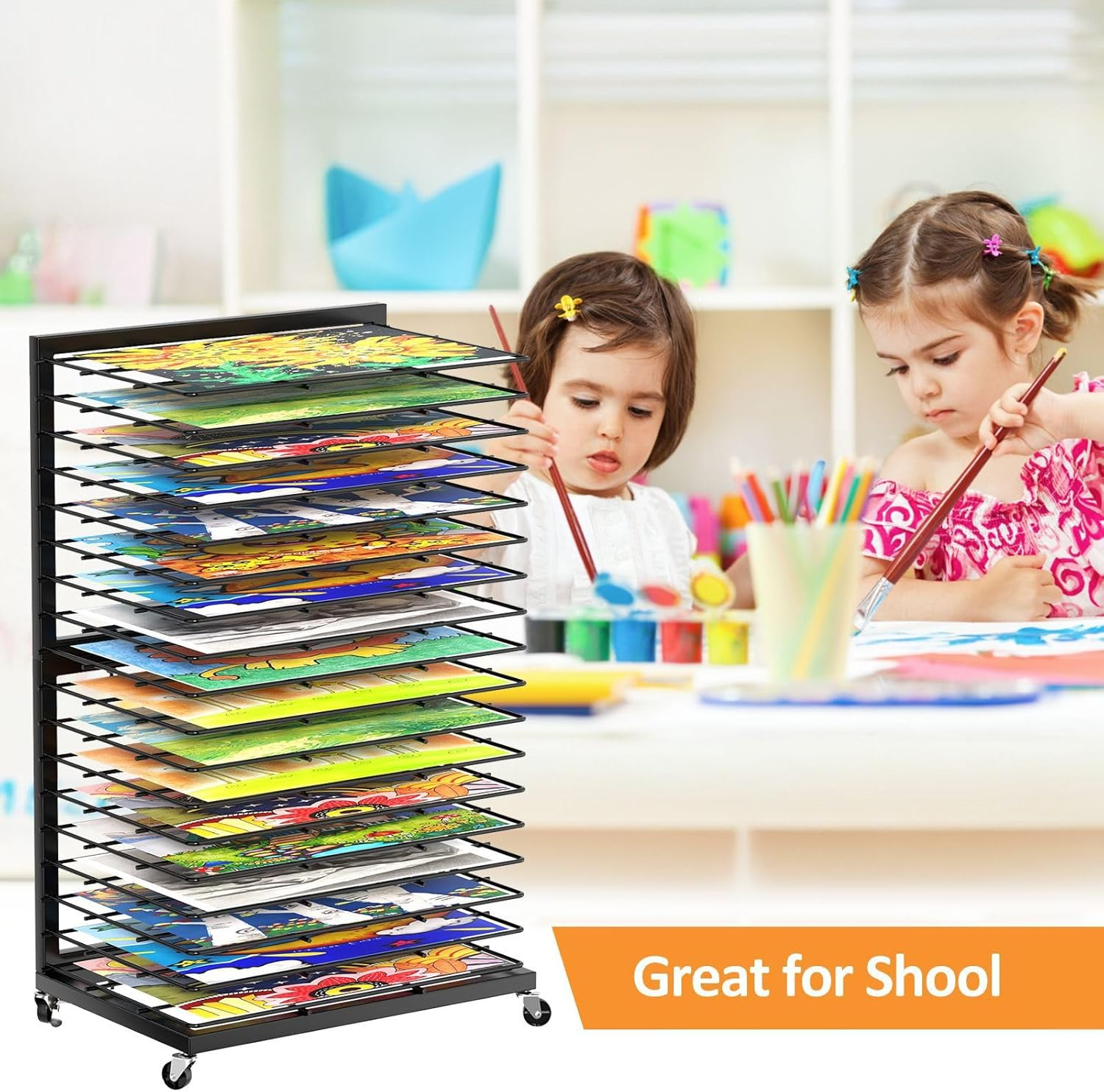 HOOMFIT Portable Art Storage Rack,Painting Drying Rack, 18 Removable Shelves Art Drying Rack with Lockable Wheels