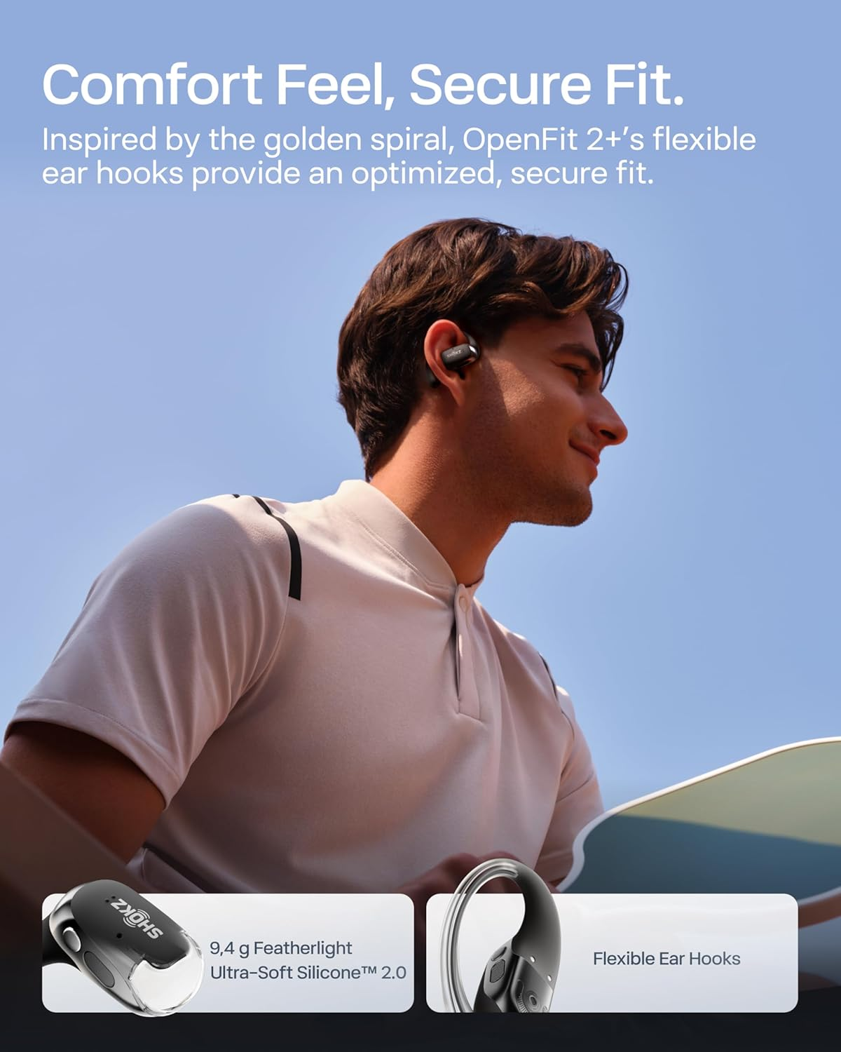 Shokz New Openfit 2+ Open-Ear Headphones, Dolby Audio Enabled, Comfortable Earbuds with Soft Ear Hooks, 48H Playtime, IP55 Water-Resistant, USB-C Fast Charging, Wireless Charging, Carrying Bag, Black - Grey image number 6