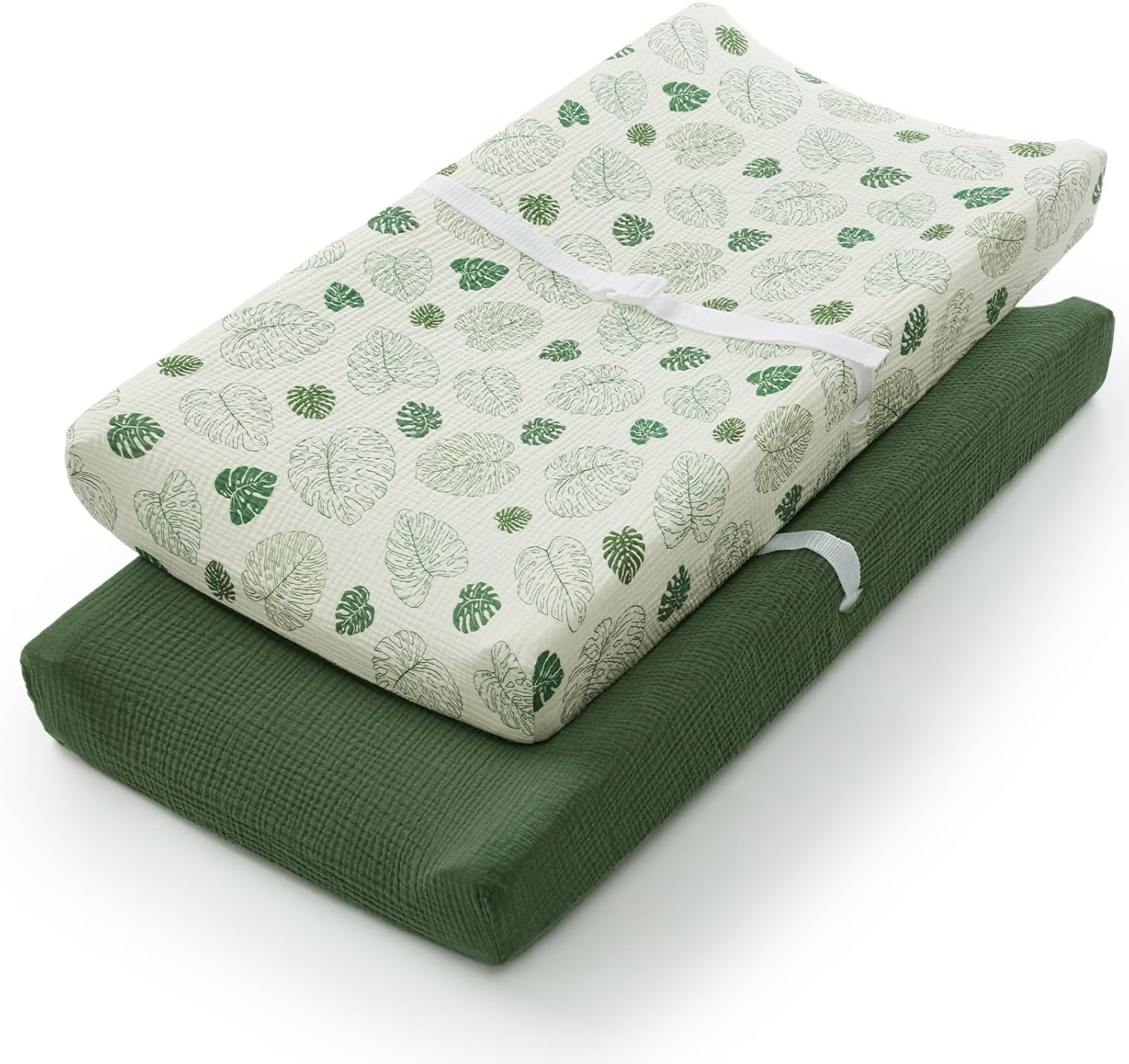 Blissful Diary Muslin Changing Pad Cover for Girls Boys, Ultra Soft Breathable Cotton, Baby Diaper Change Table Pad Covers, 2Pack (Monstera Leaves&Dark Green) image number 5